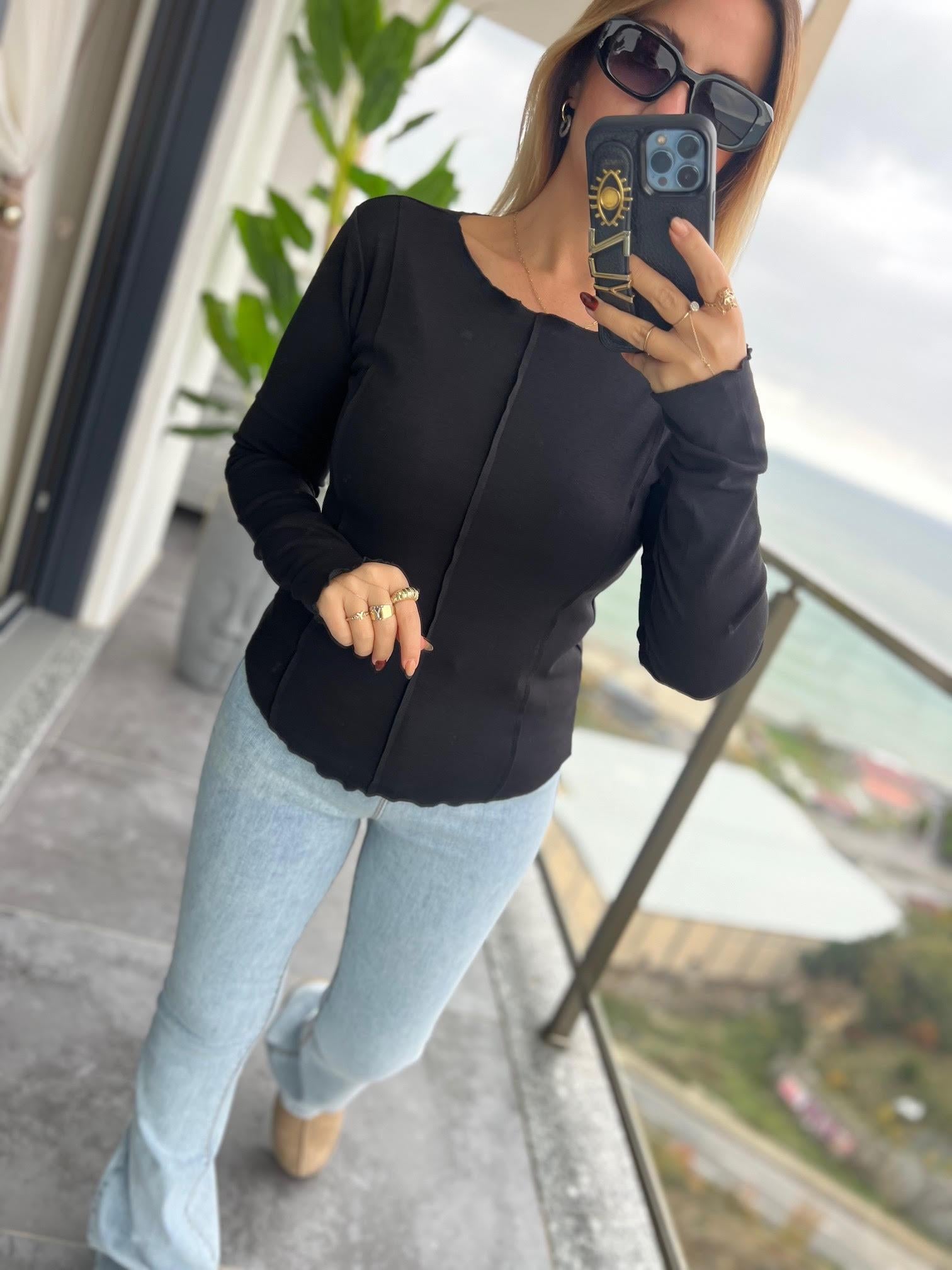 16454 Önü Dikişli Tshirt SİYAH