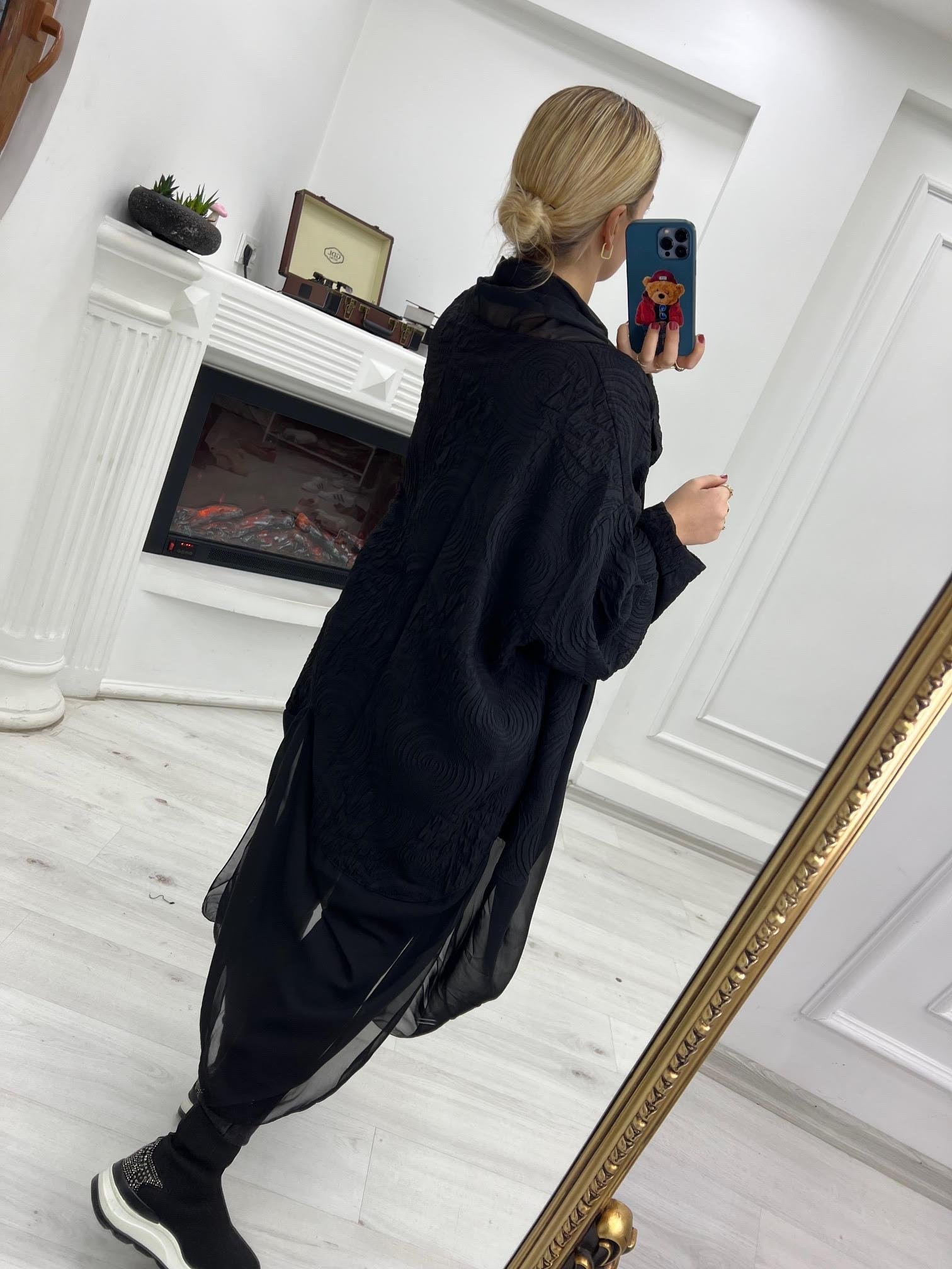 1877  Tül Detay Tasarım Kimono SİYAH