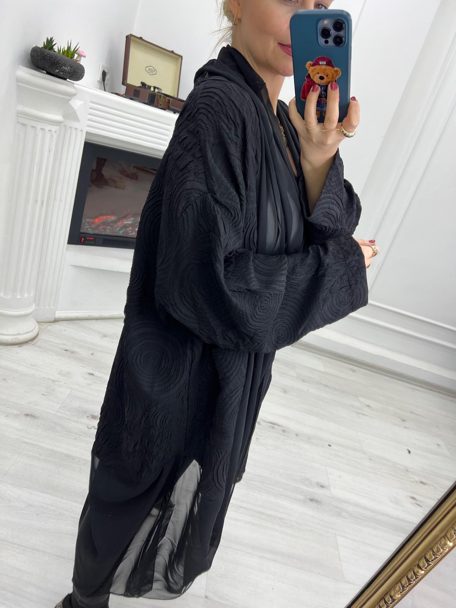 1877  Tül Detay Tasarım Kimono SİYAH