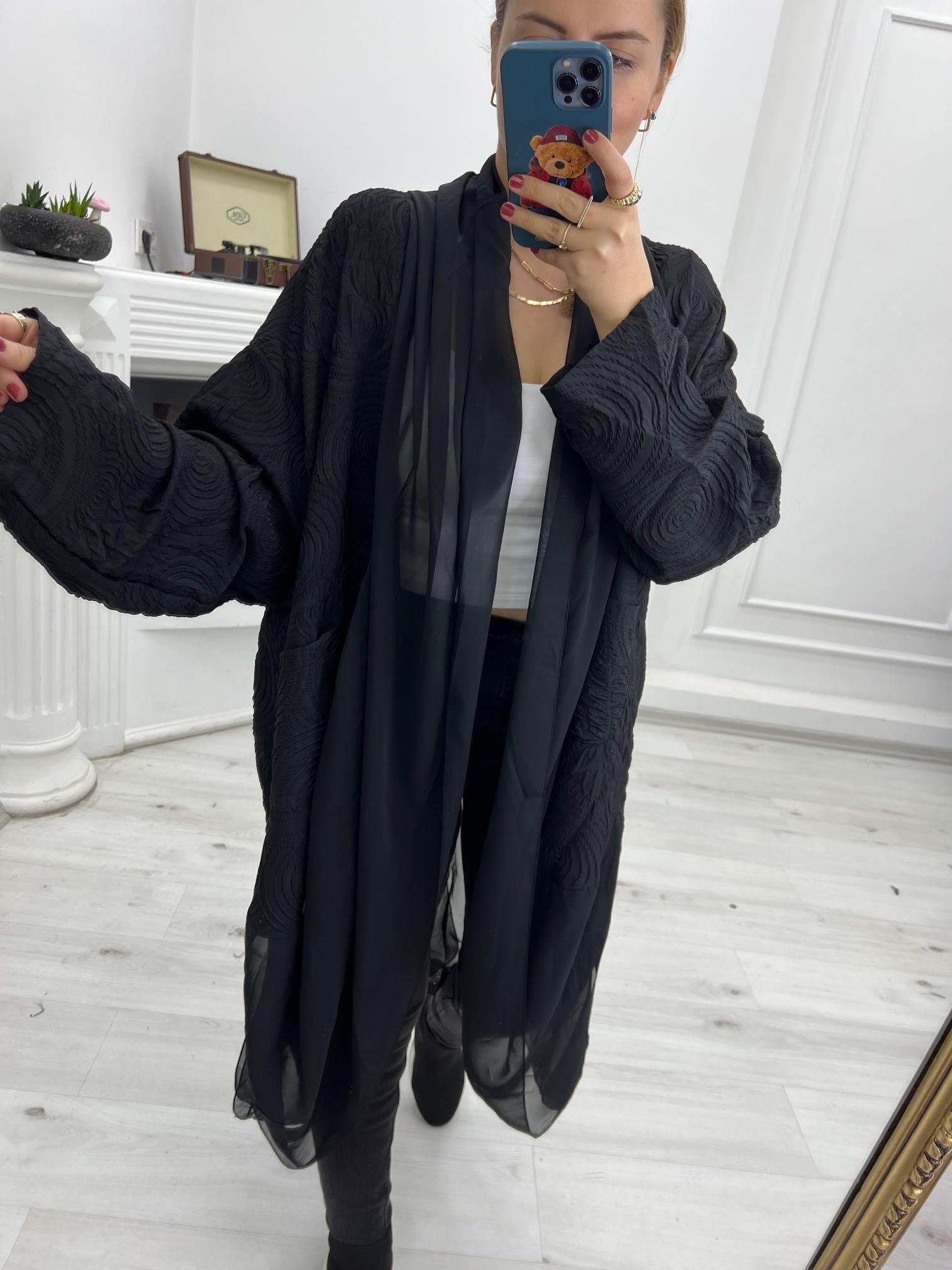 1877  Tül Detay Tasarım Kimono SİYAH