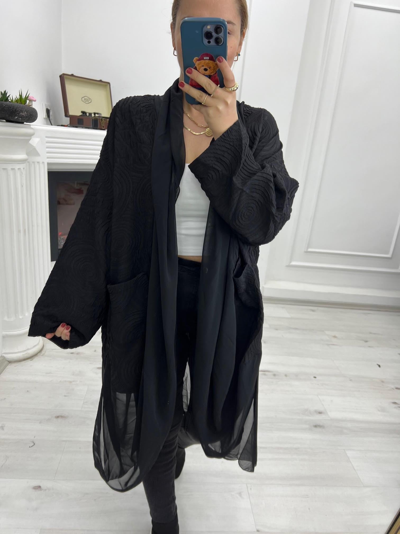 1877  Tül Detay Tasarım Kimono SİYAH