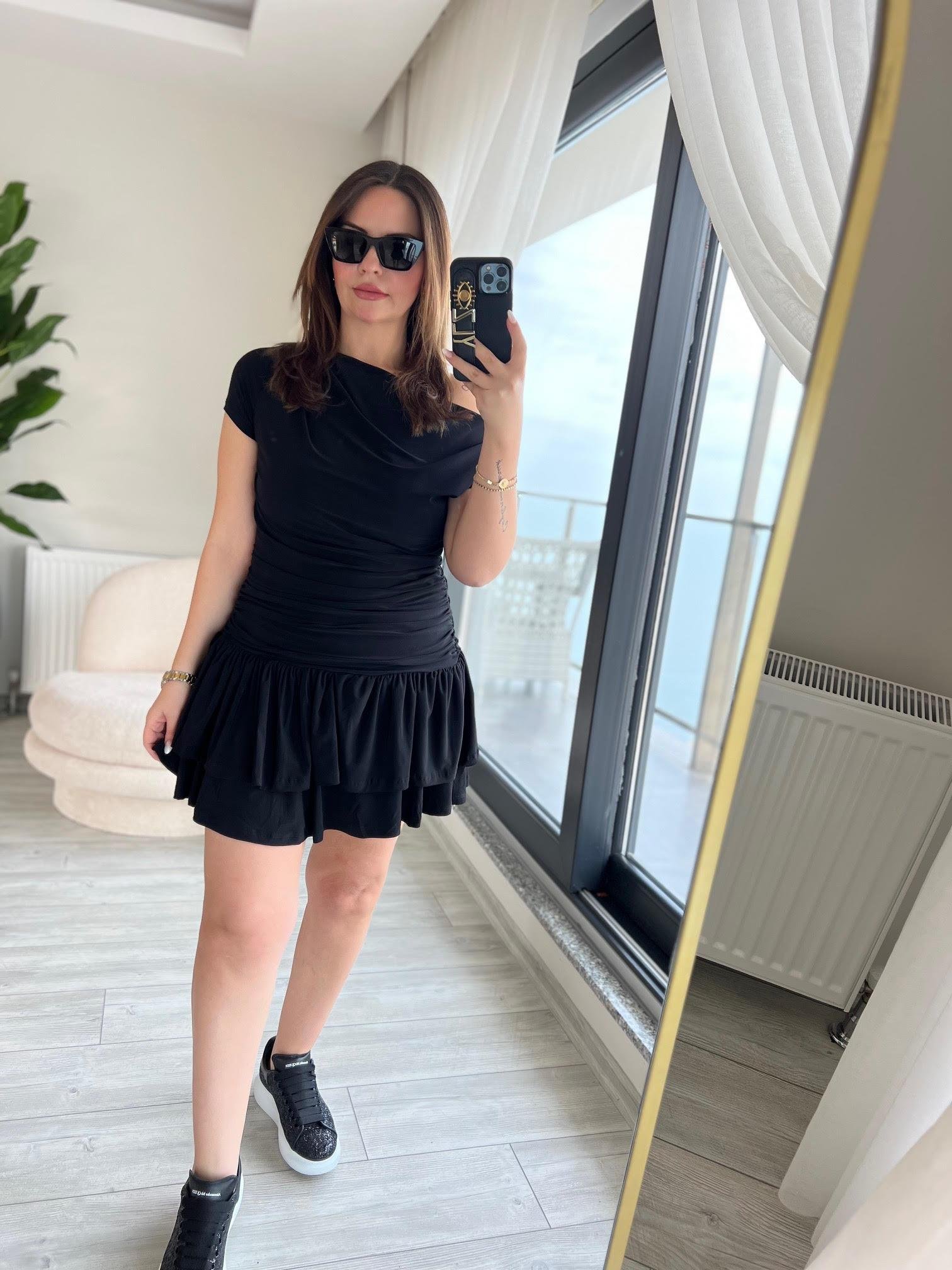 2043 Sandy Drapeli Mini Elbise SİYAH