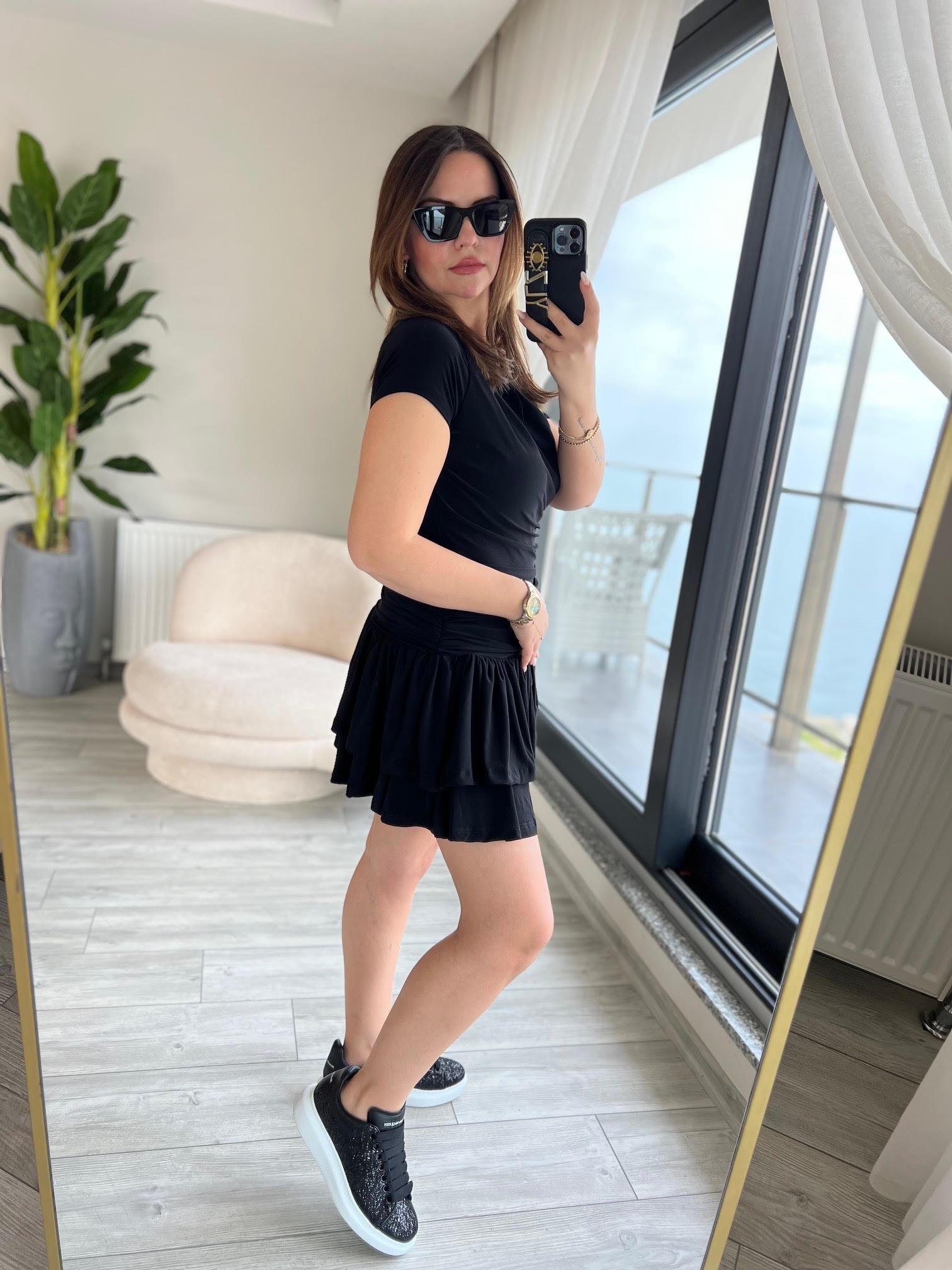 2043 Sandy Drapeli Mini Elbise SİYAH