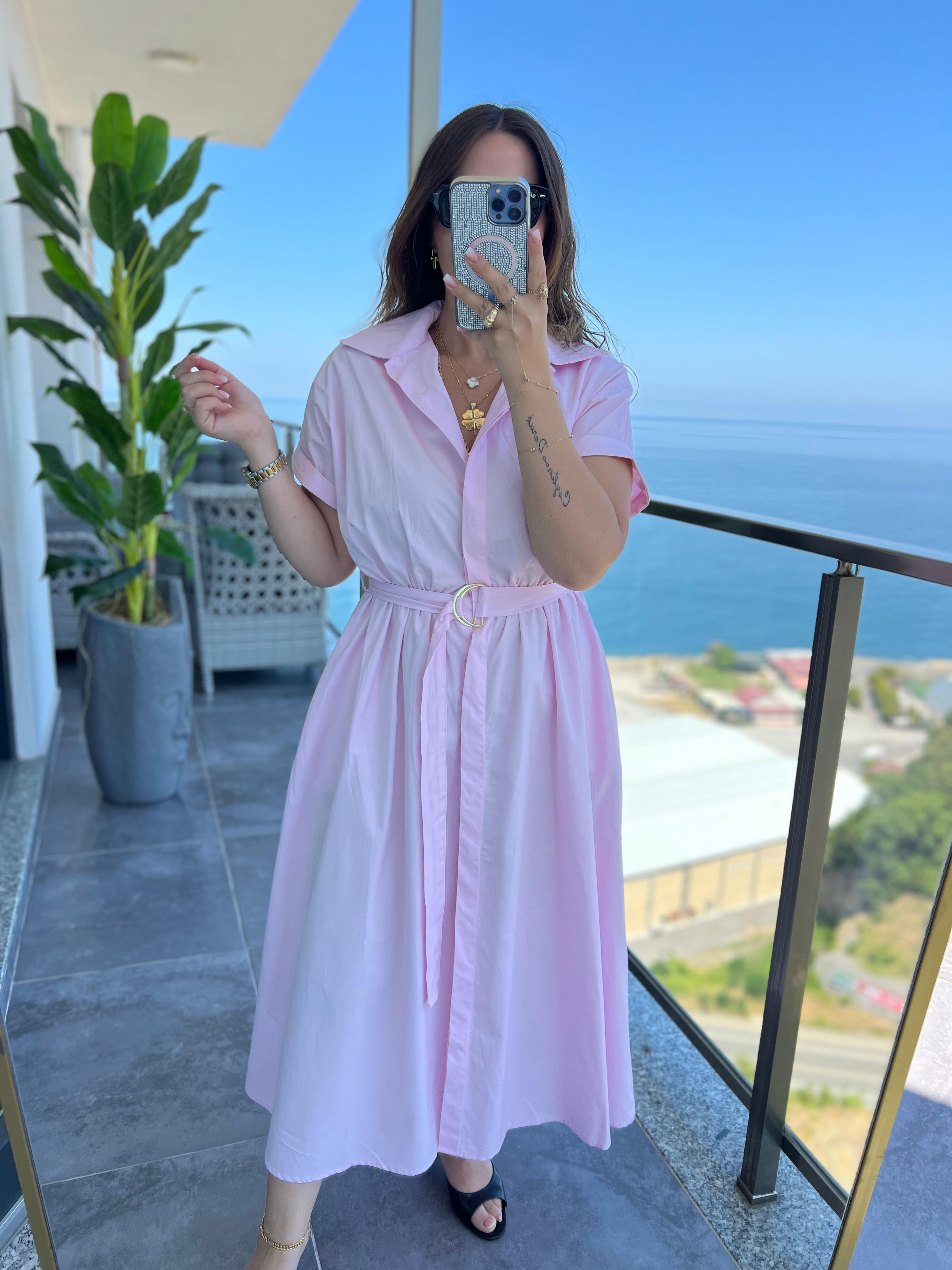 2075 Kemerli Elbise PEMBE