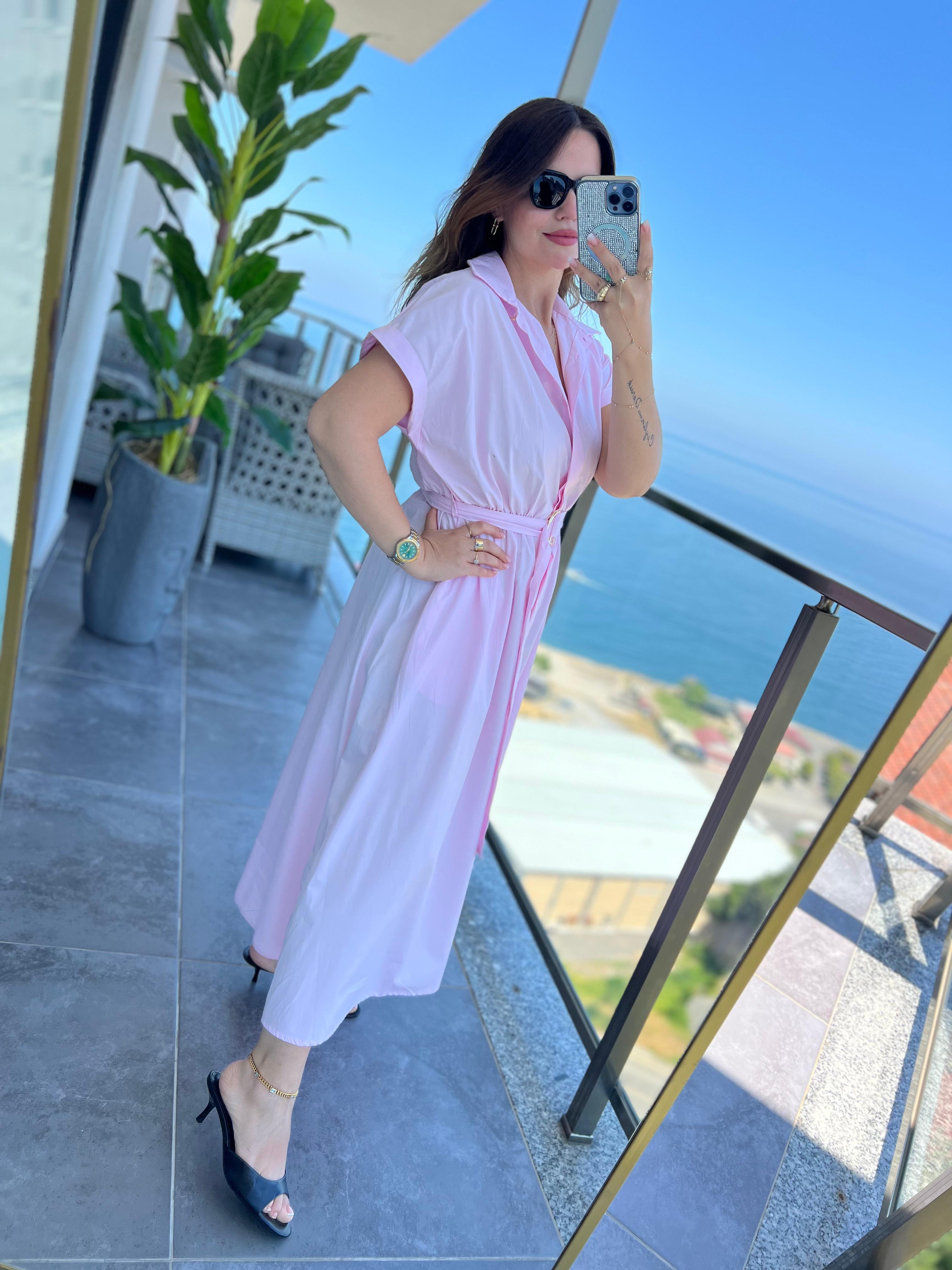 2075 Kemerli Elbise PEMBE