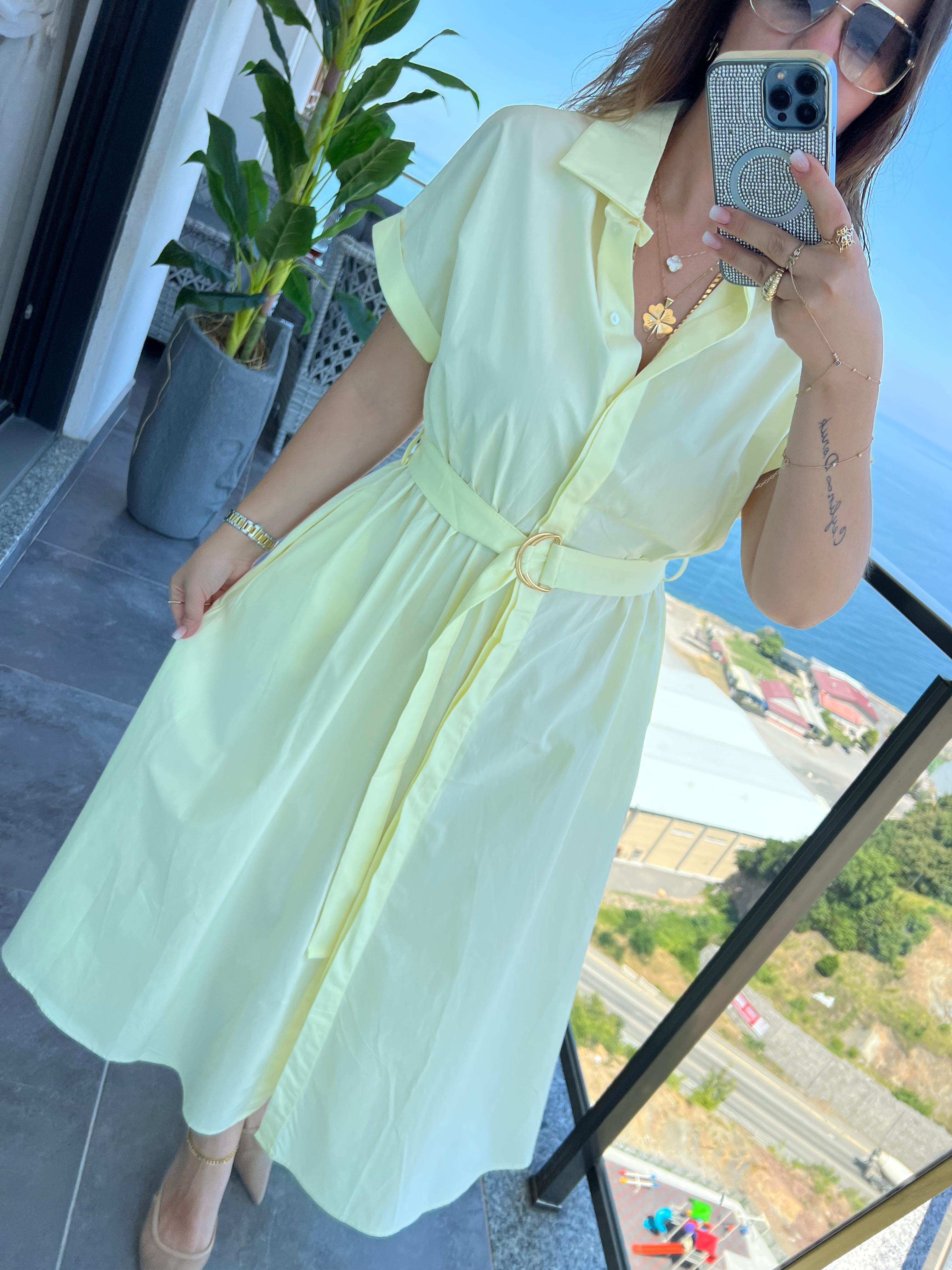 2075 Kemerli Elbise SARI