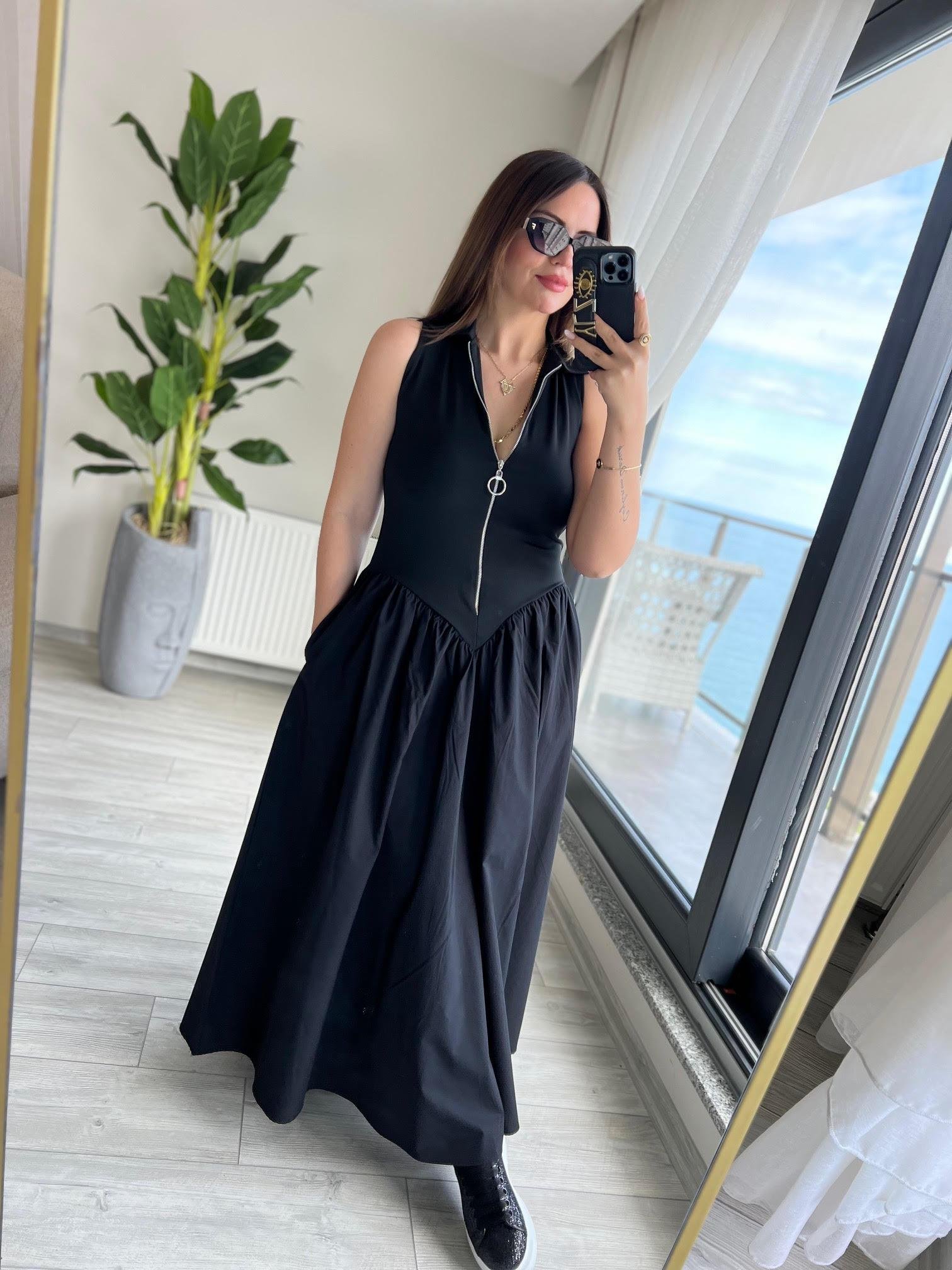 2077 Scuba Poplin Elbise SİYAH