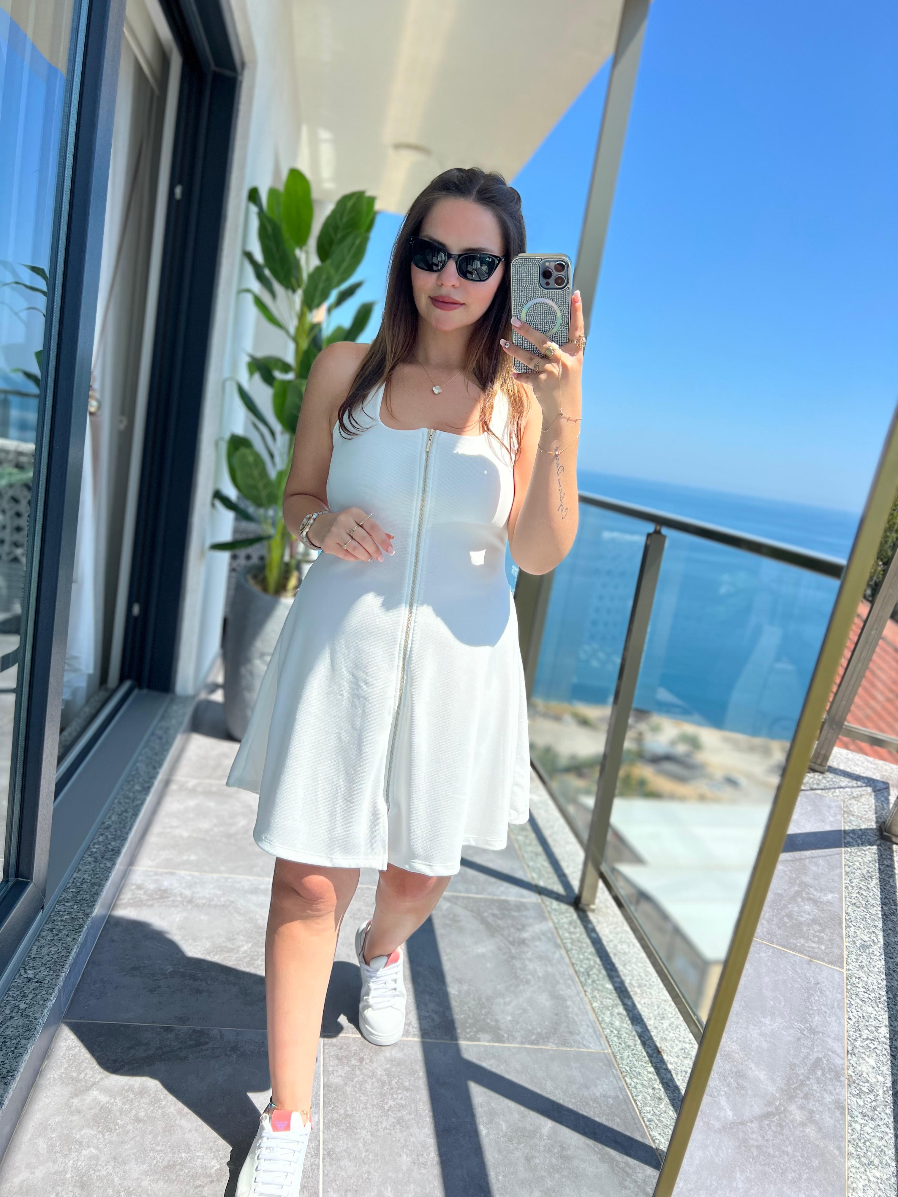 2138 Fermuarlı Ottoban Mini Elbise BEYAZ