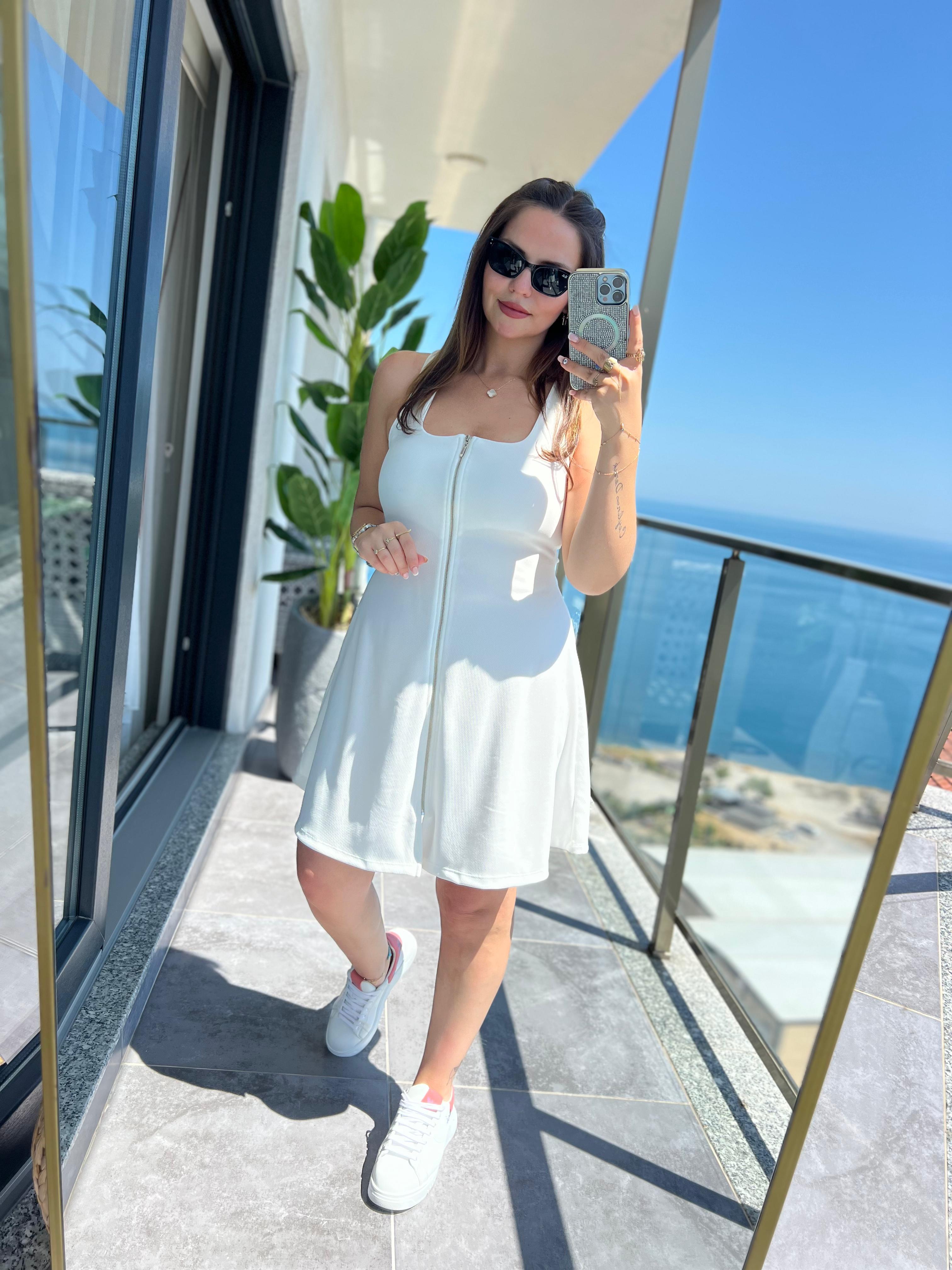 2138 Fermuarlı Ottoban Mini Elbise BEYAZ