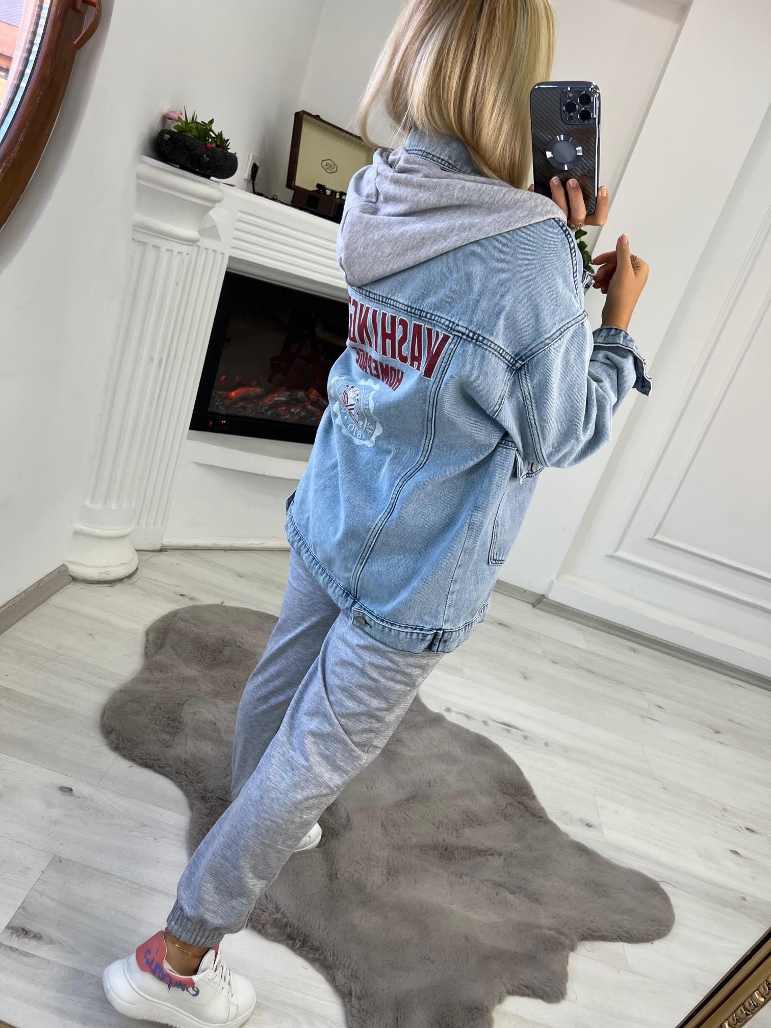 2140 Washınton Baskılı Jean Ceket BUZ MAVİSİ