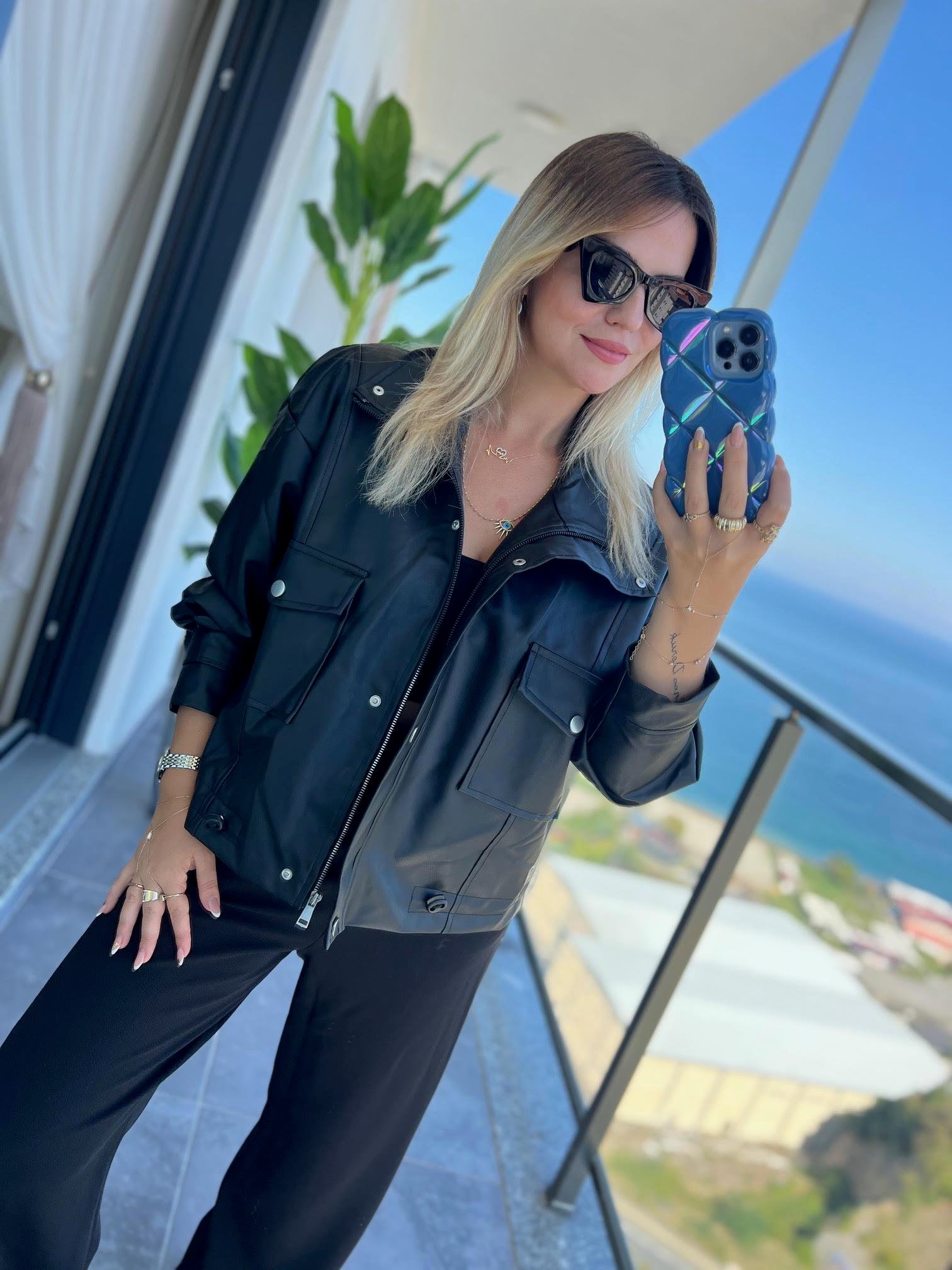 2142 Lastikli Deri Ceket SİYAH