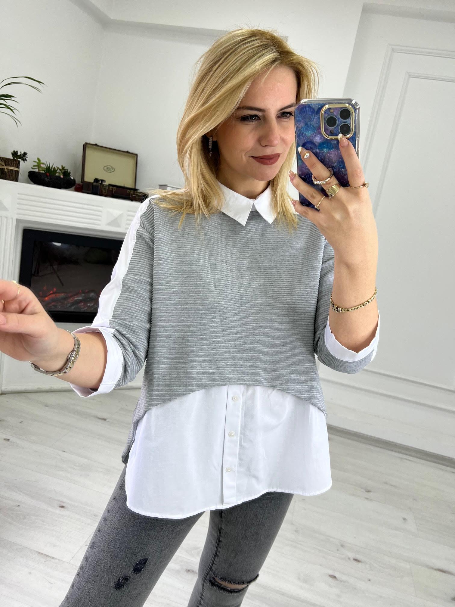 21808 Gömlek Yaka Tasarım Bluz GRİ