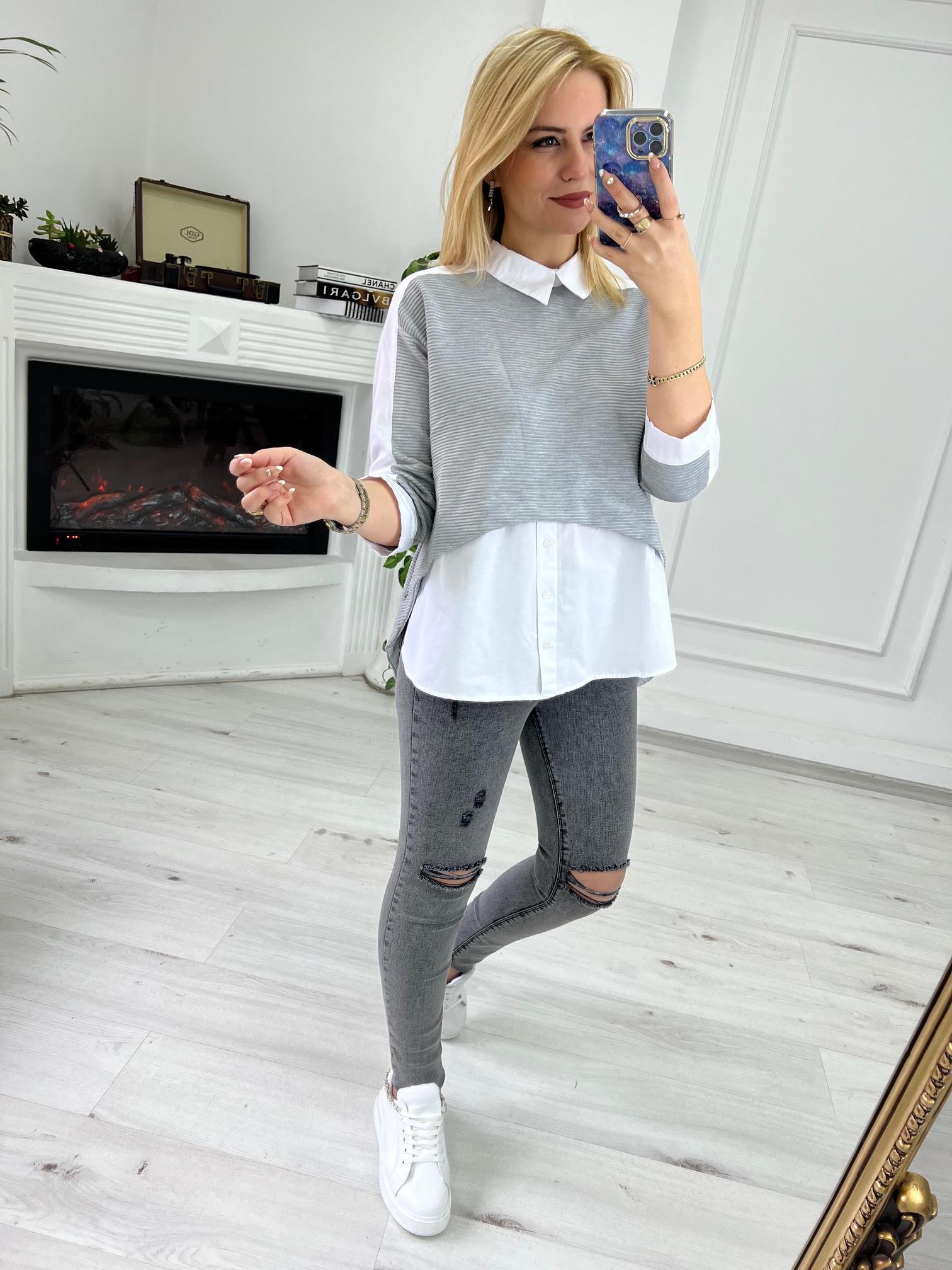 21808 Gömlek Yaka Tasarım Bluz GRİ