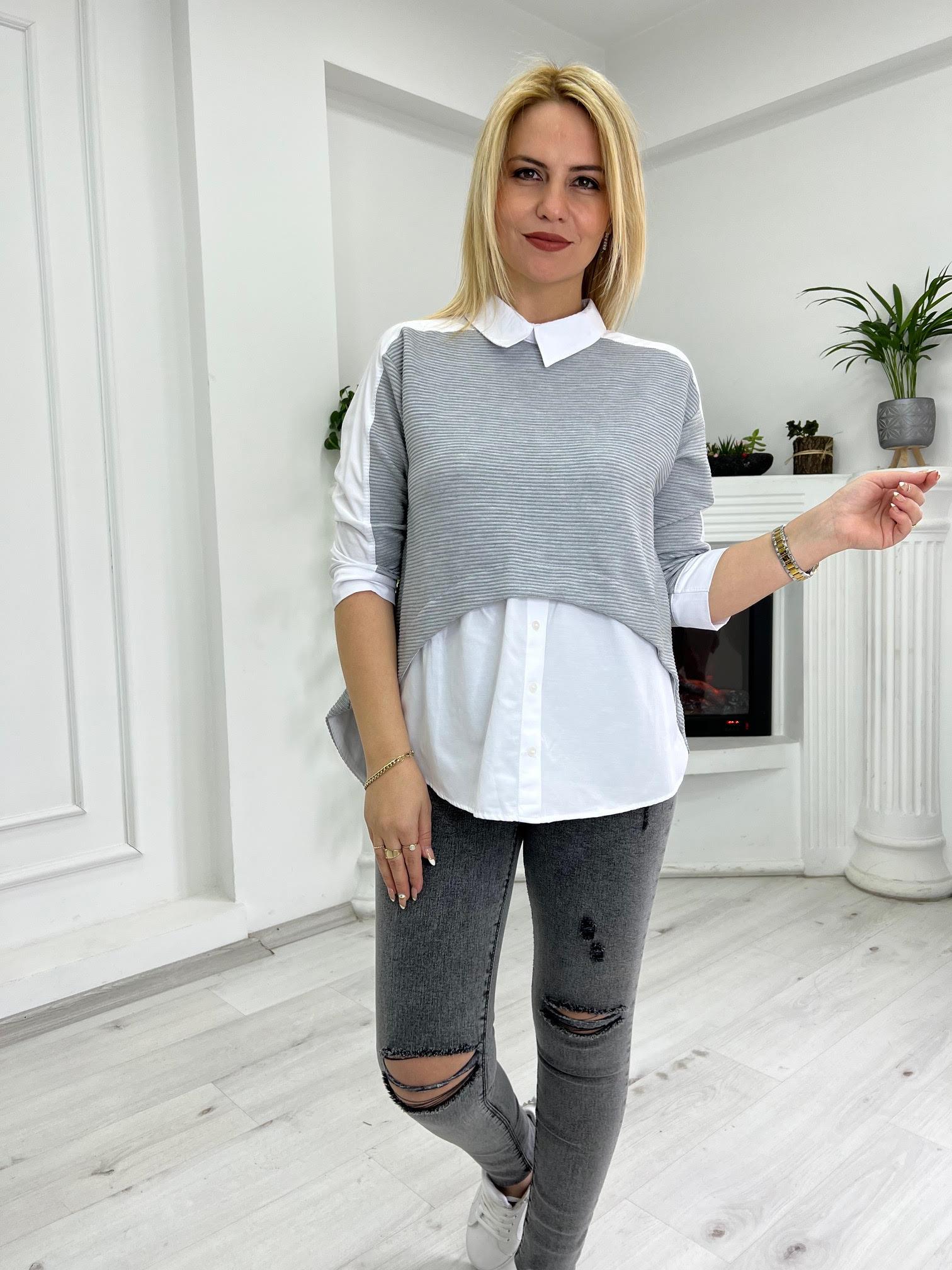 21808 Gömlek Yaka Tasarım Bluz GRİ