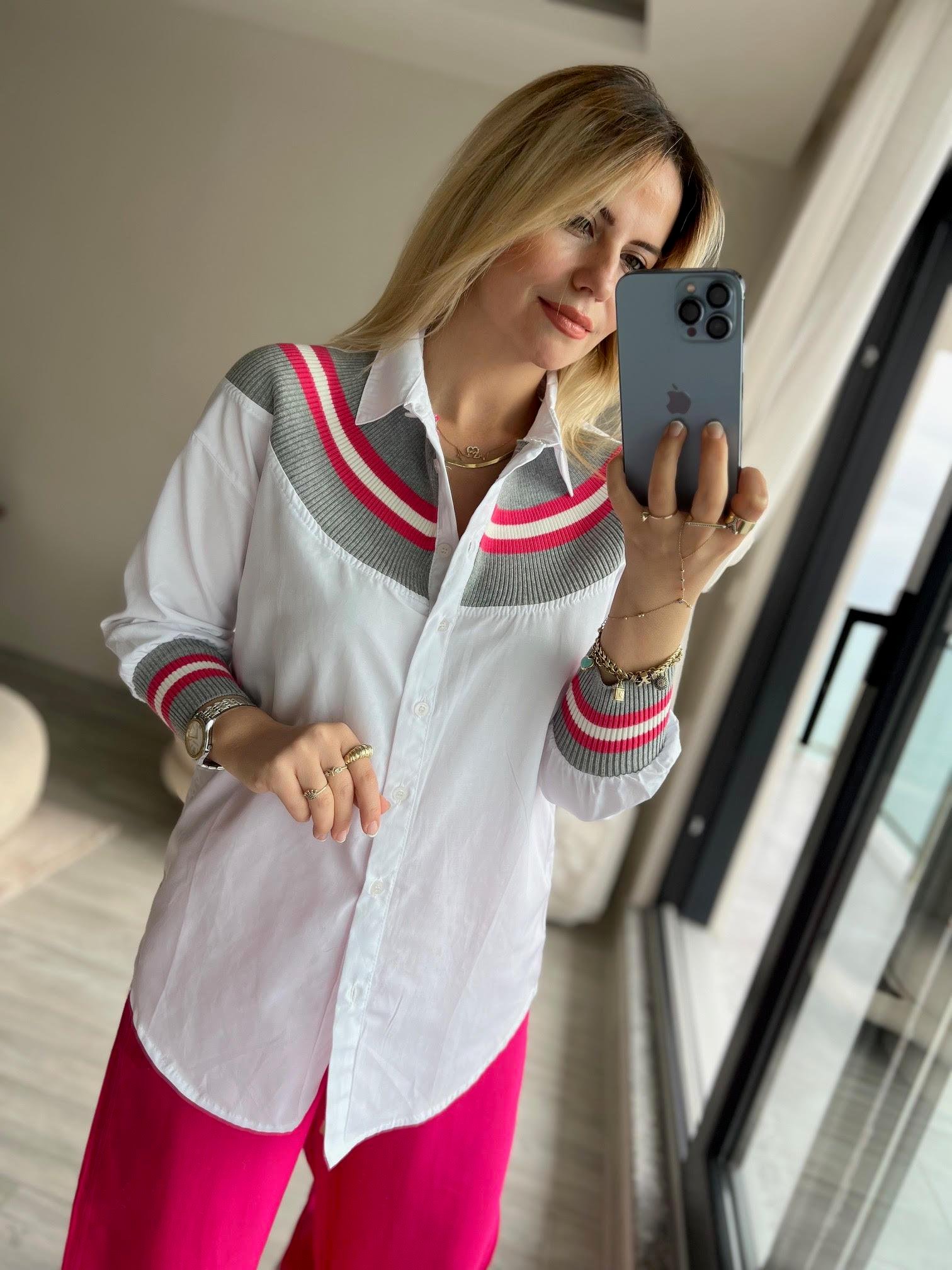 21902 Önü Trikolu Gömlek PEMBE