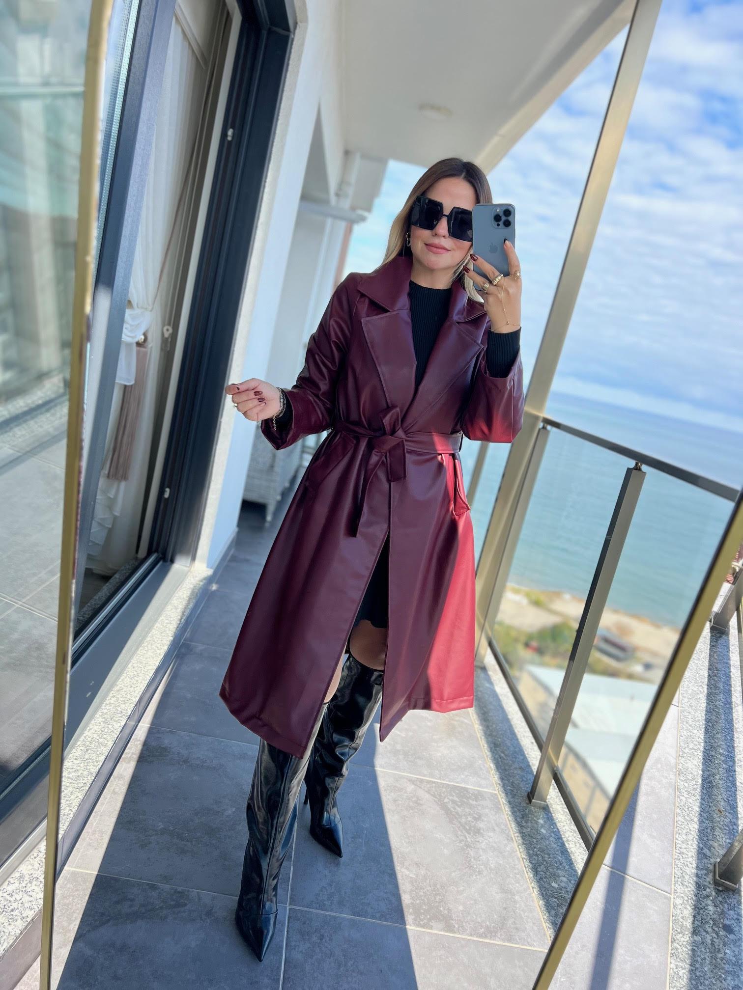 2238 Kuşaklı Deri Pardesü BORDO