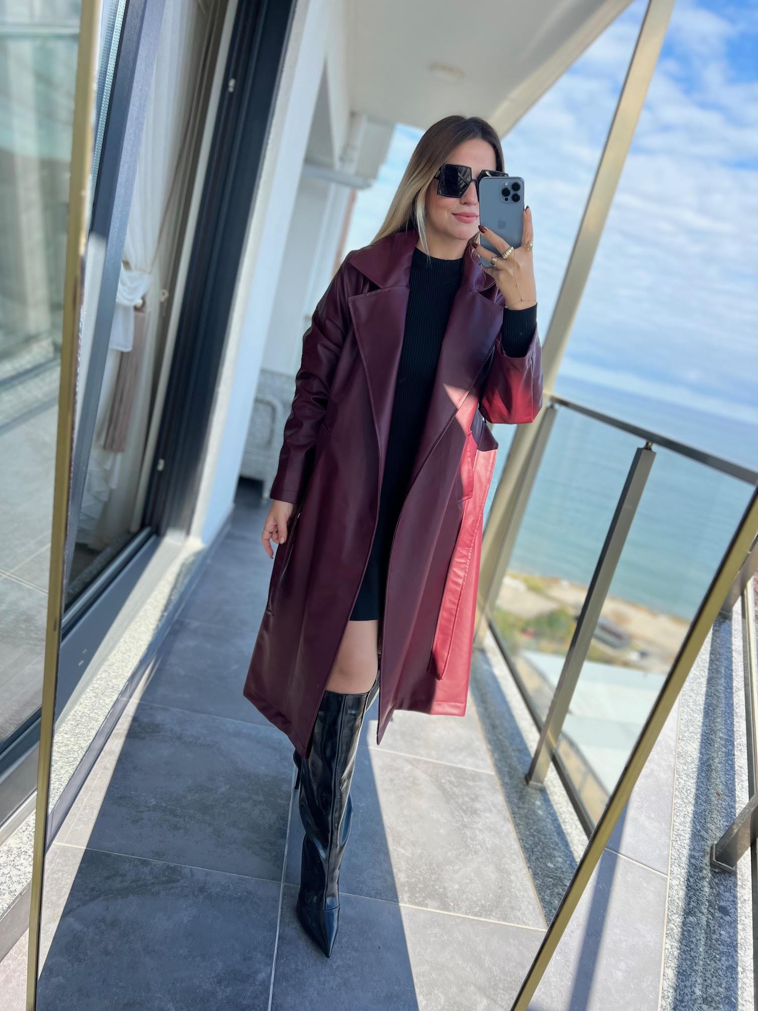 2238 Kuşaklı Deri Pardesü BORDO