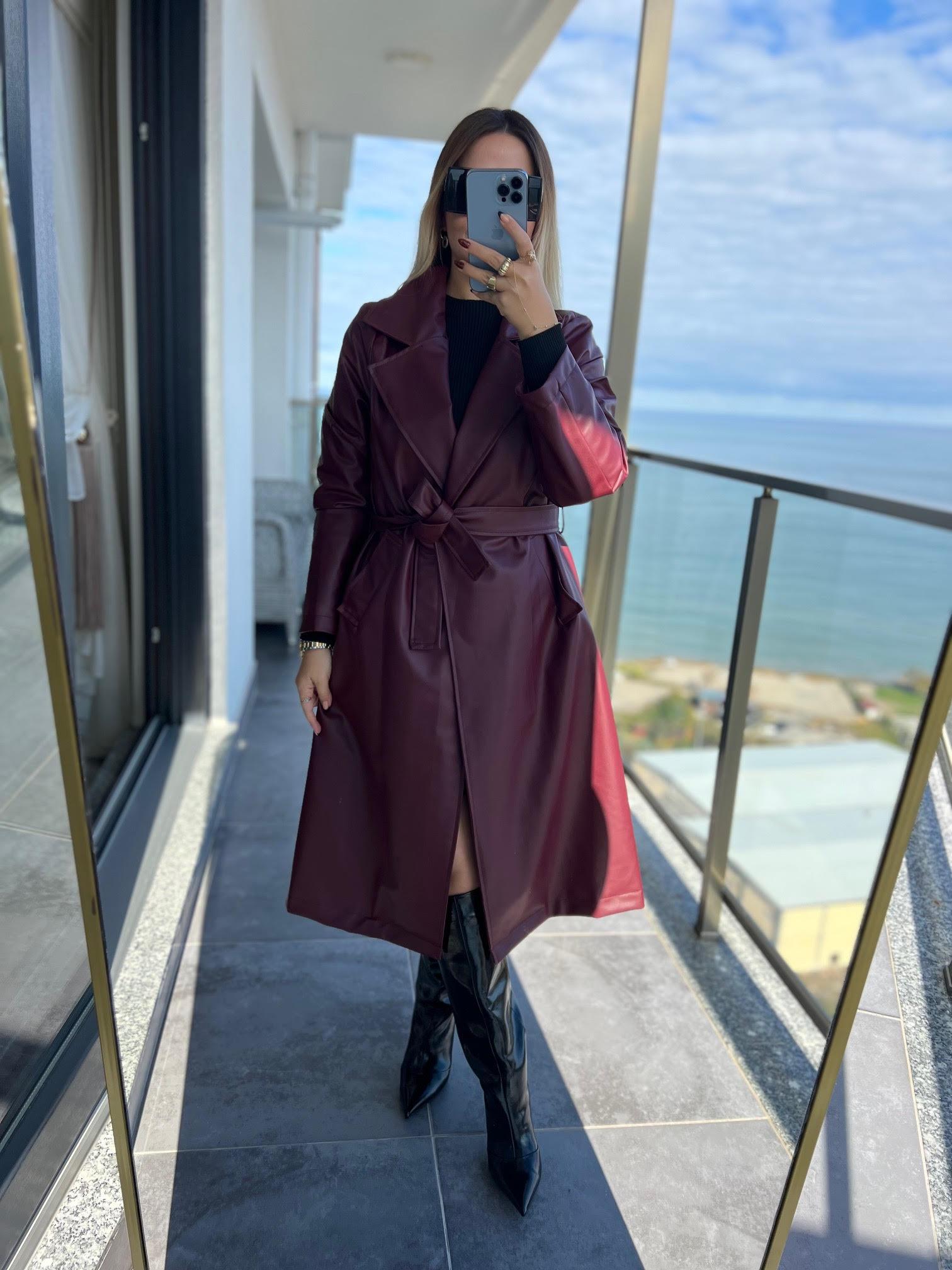 2238 Kuşaklı Deri Pardesü BORDO