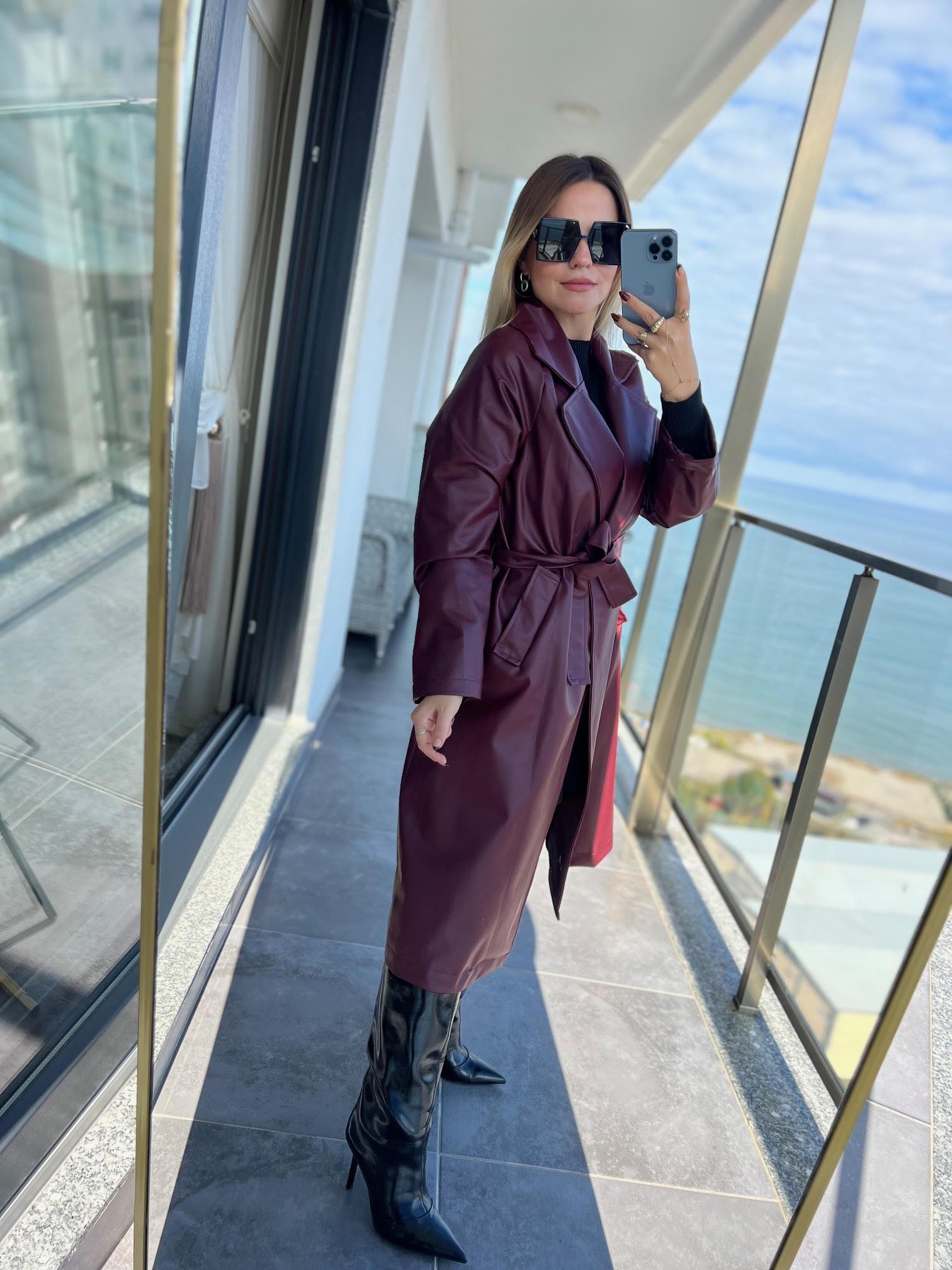 2238 Kuşaklı Deri Pardesü BORDO