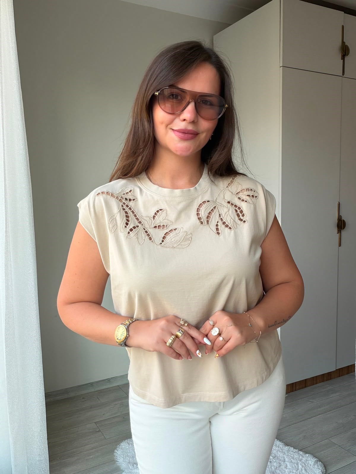 2248 Cutvark Nakış detay Tshirt BEJ