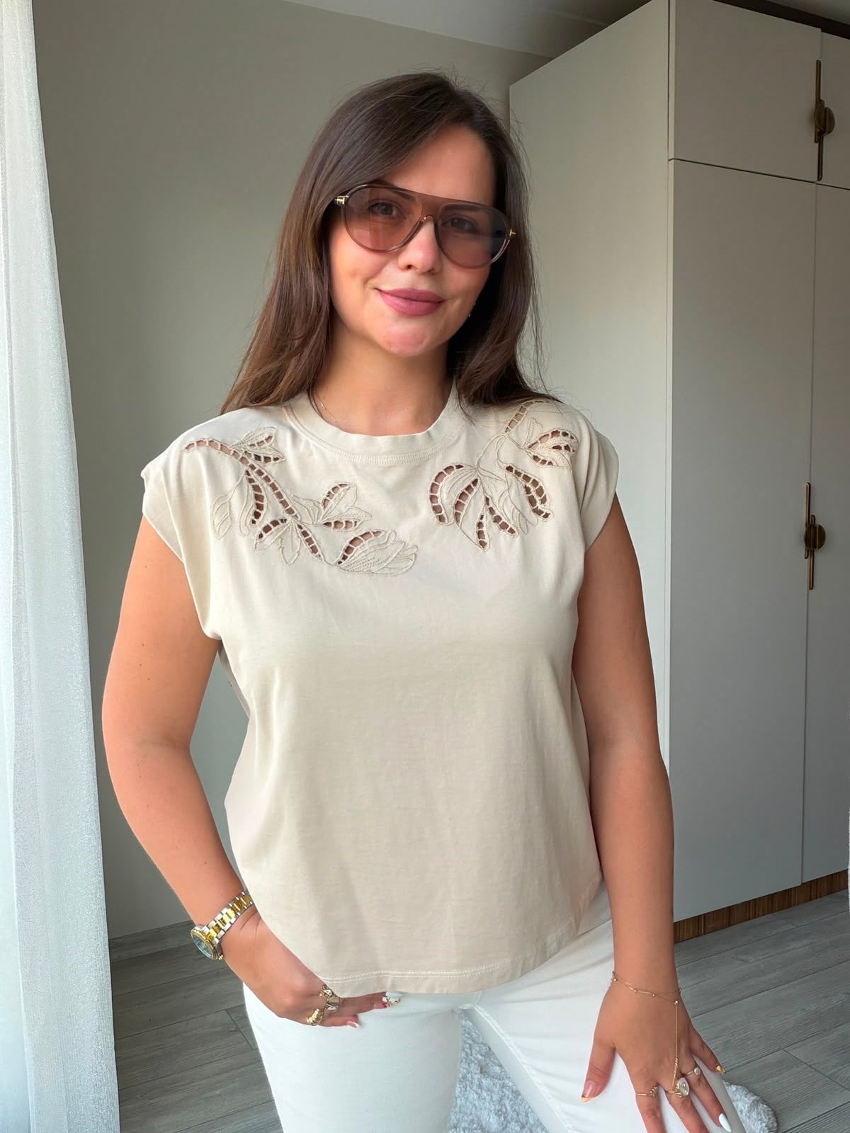 2248 Cutvark Nakış detay Tshirt BEJ