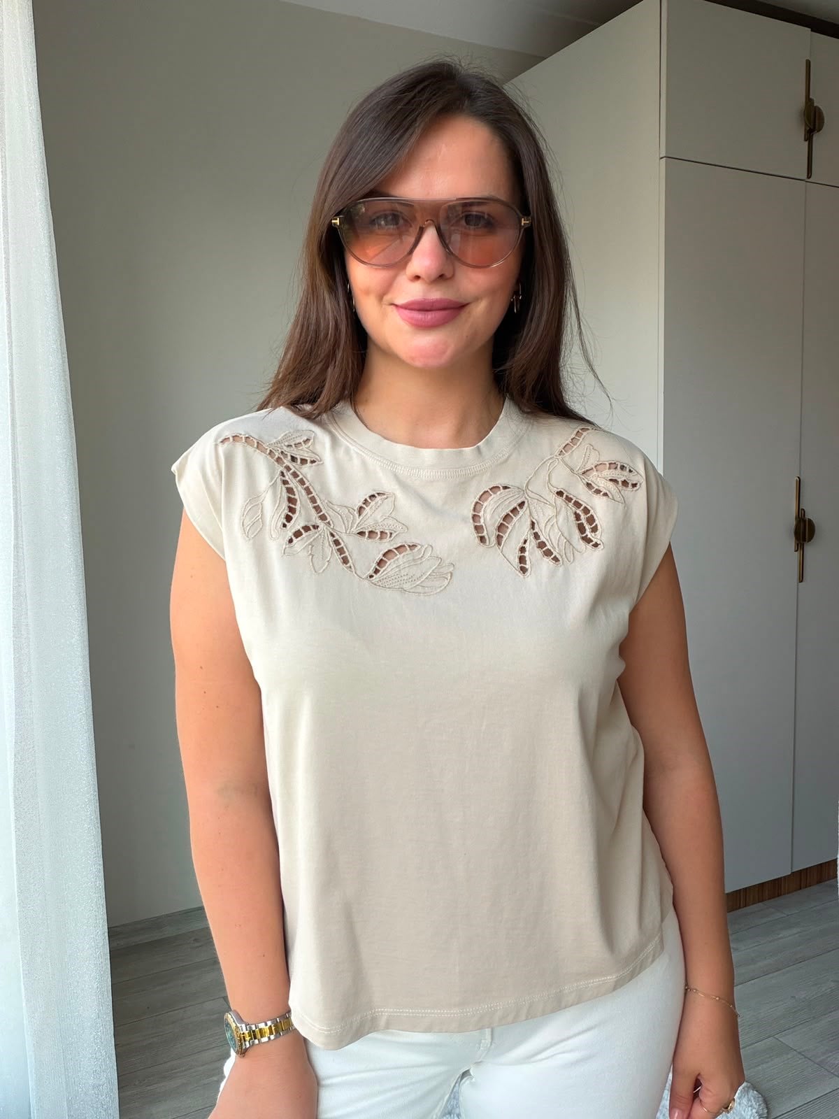 2248 Cutvark Nakış detay Tshirt BEJ