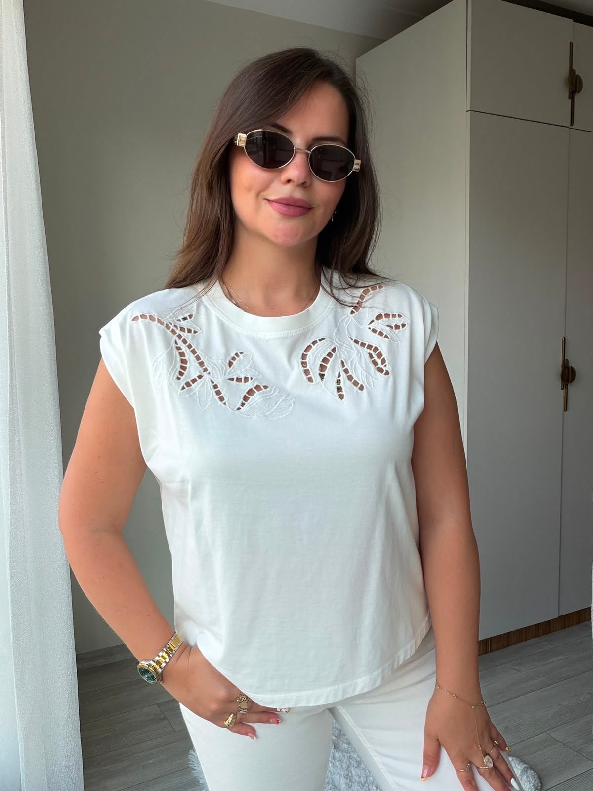 2248 Cutvark Nakış detay Tshirt EKRU
