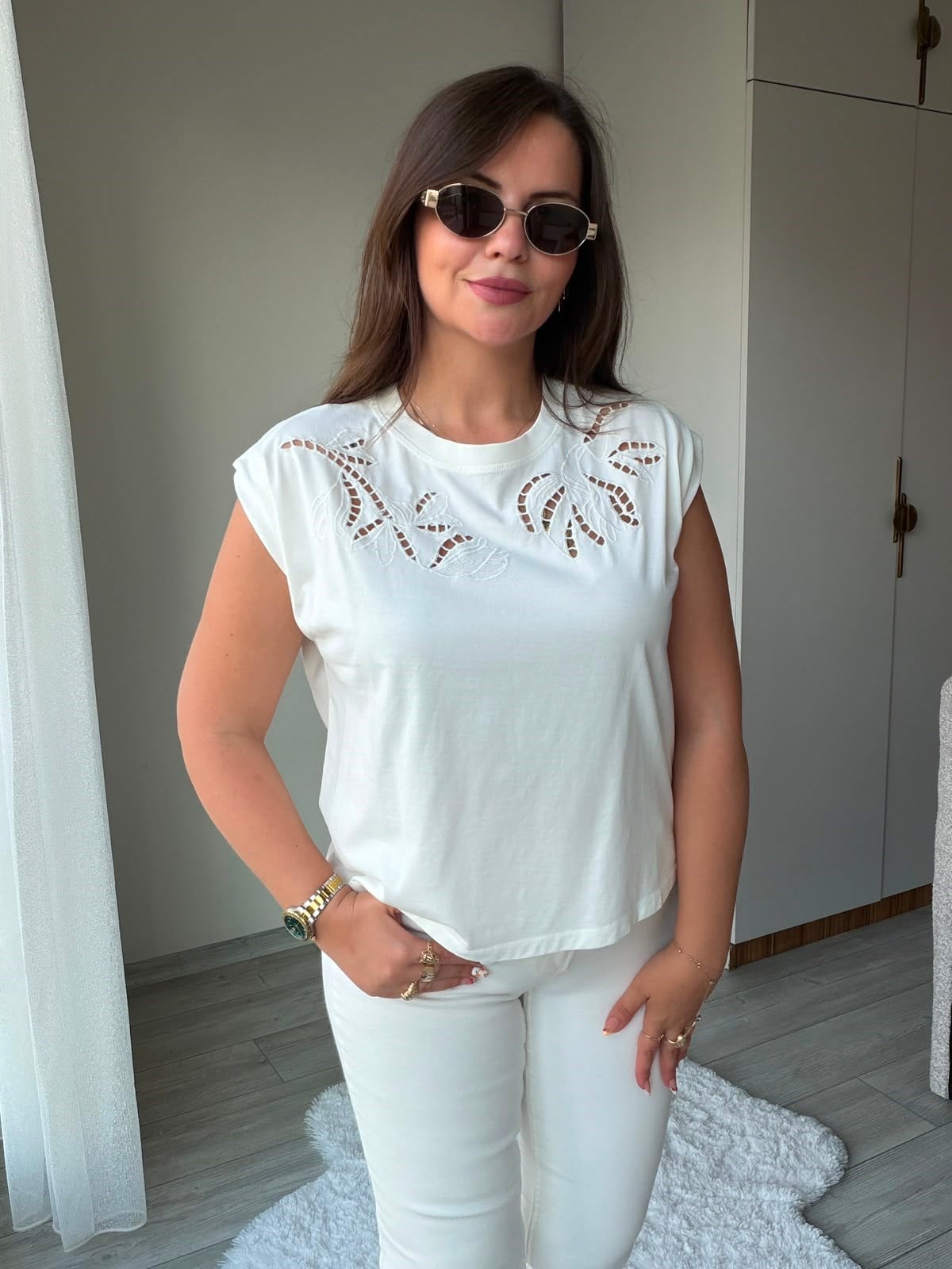 2248 Cutvark Nakış detay Tshirt EKRU
