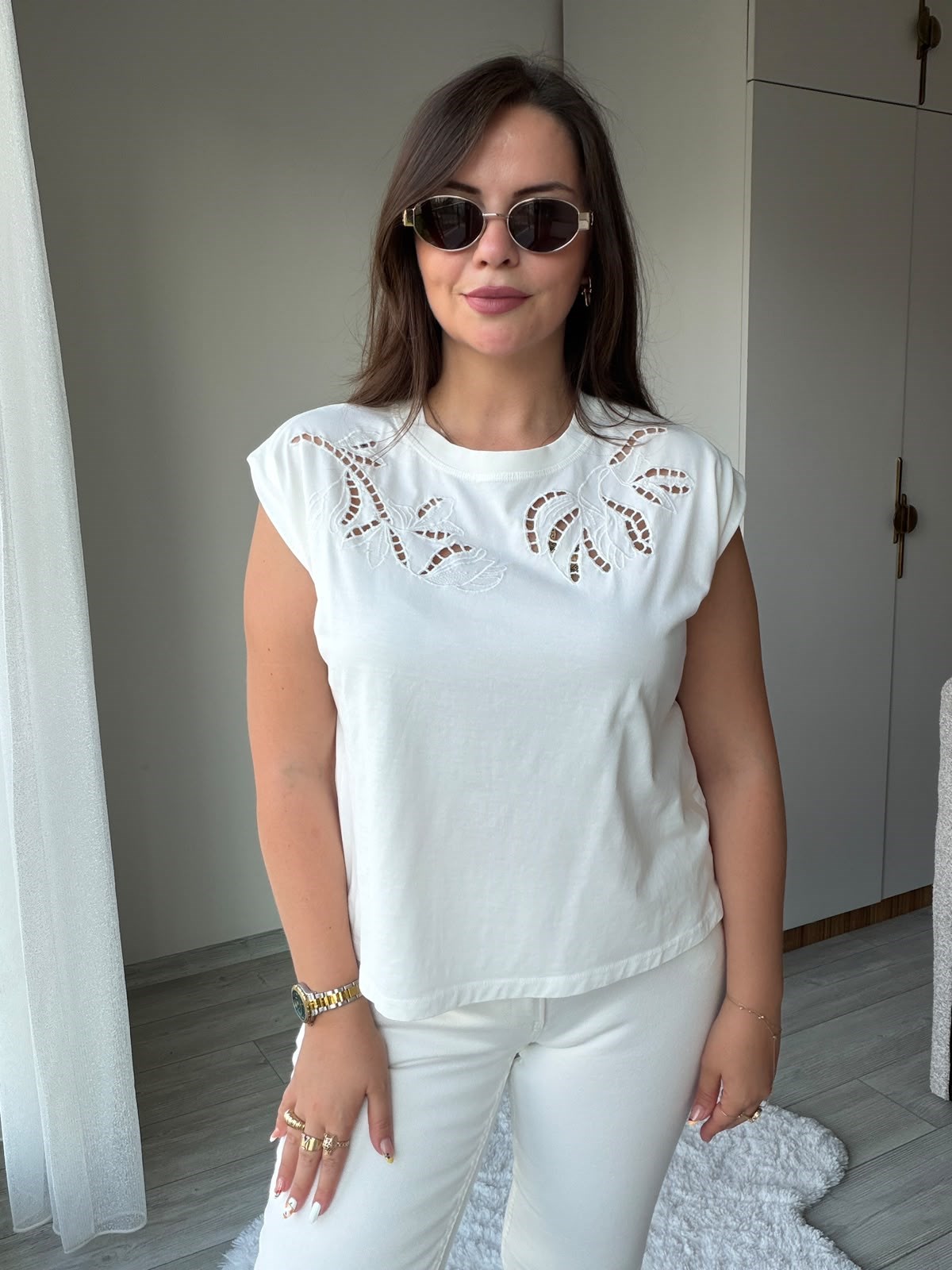 2248 Cutvark Nakış detay Tshirt EKRU