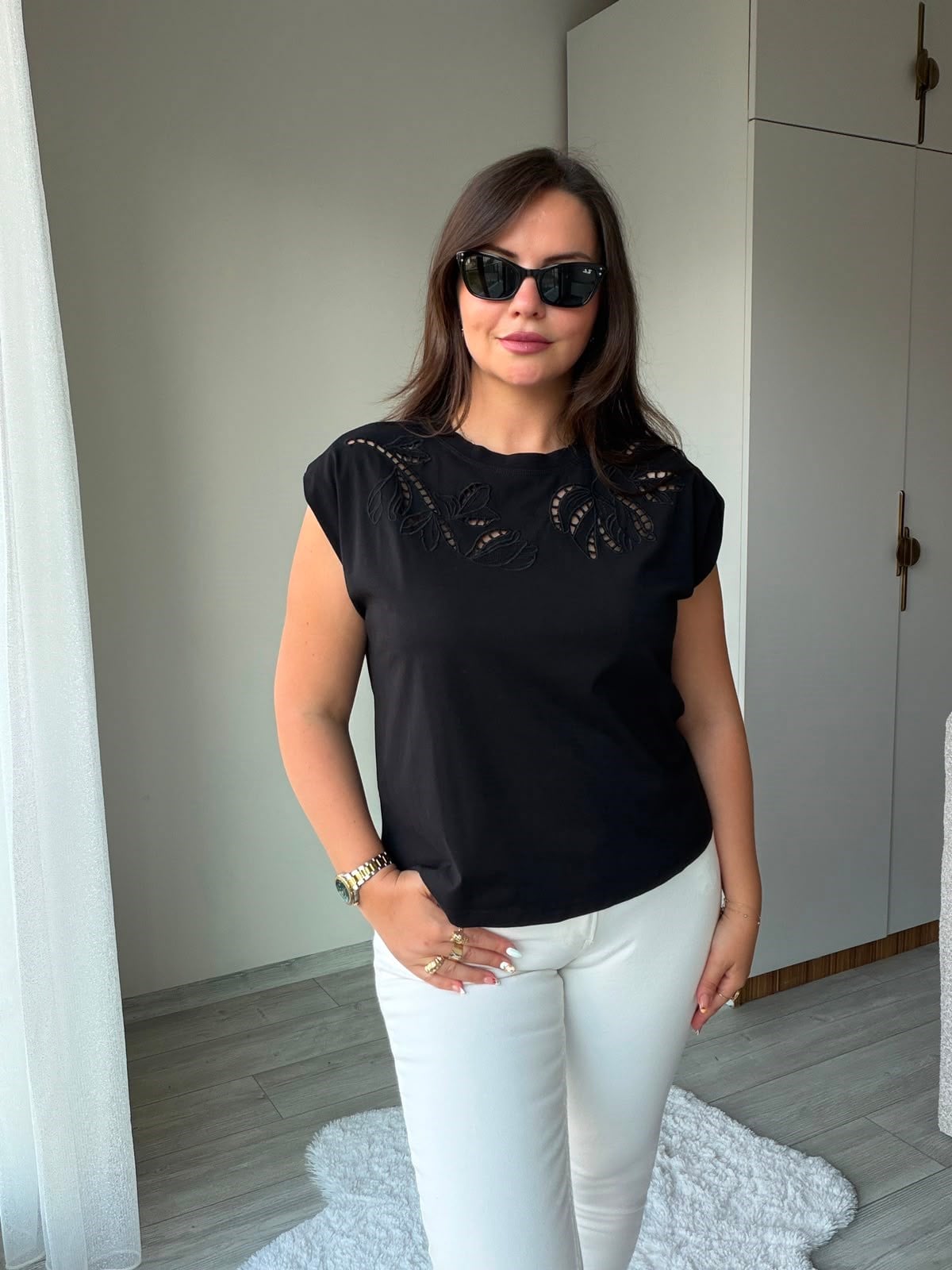 2248 Cutvark Nakış detay Tshirt SİYAH