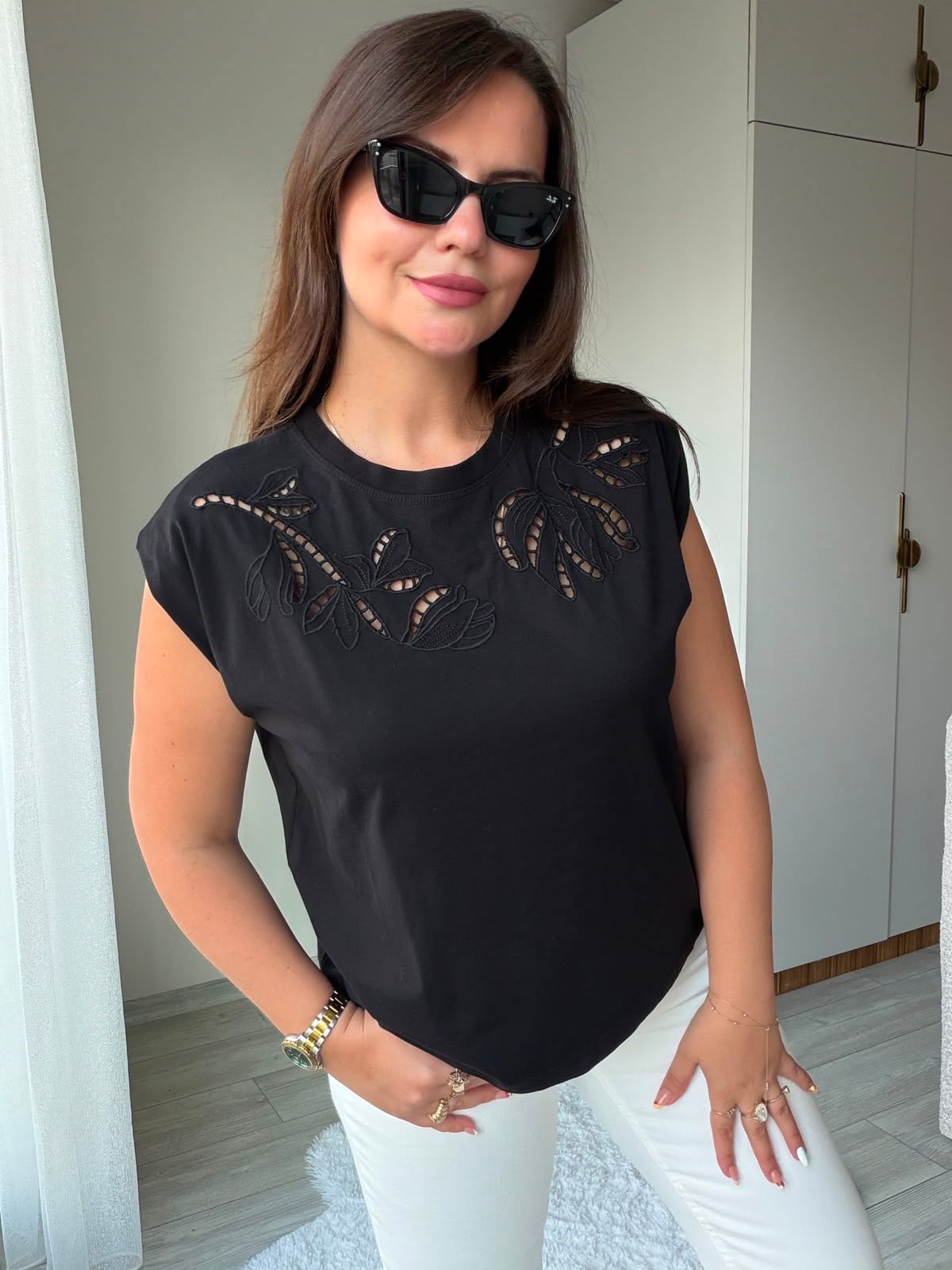 2248 Cutvark Nakış detay Tshirt SİYAH