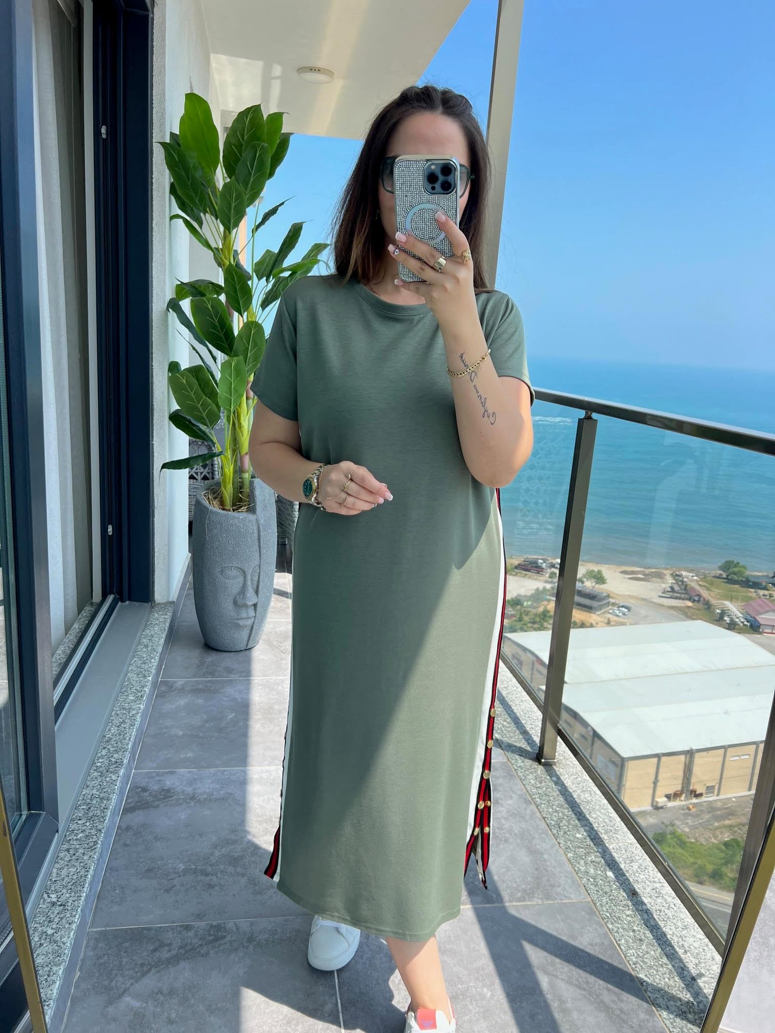 2255 Şeritli Çıtçıtlı Elbise HAKİ YEŞİL