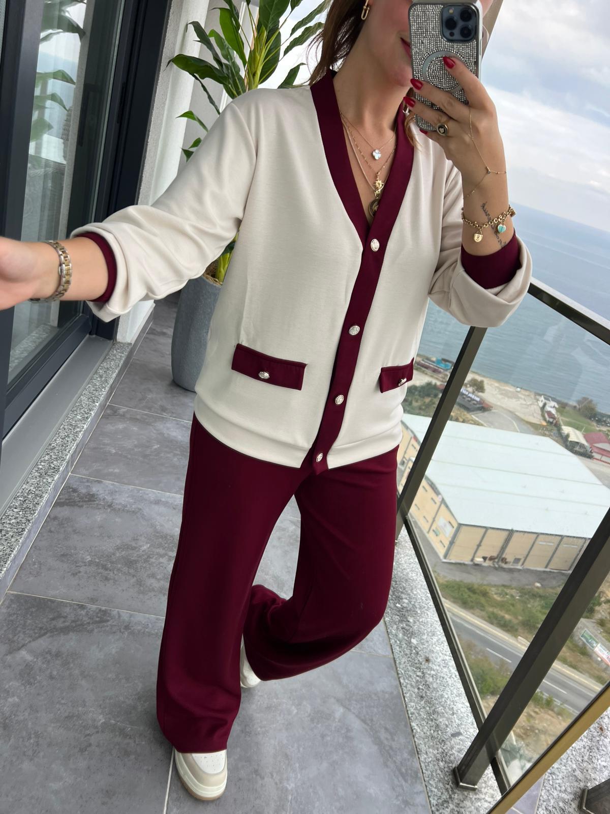 2302 Gold Düğmeli Hırka Takım BORDO