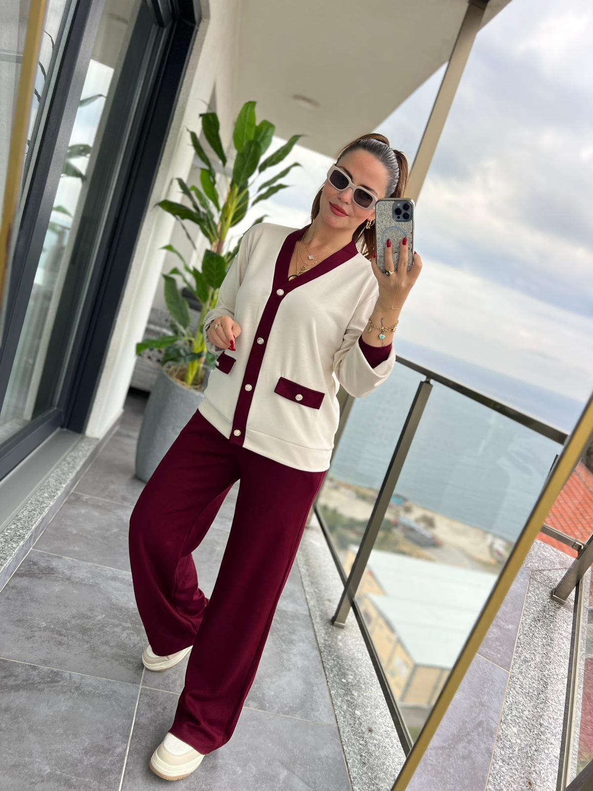 2302 Gold Düğmeli Hırka Takım BORDO