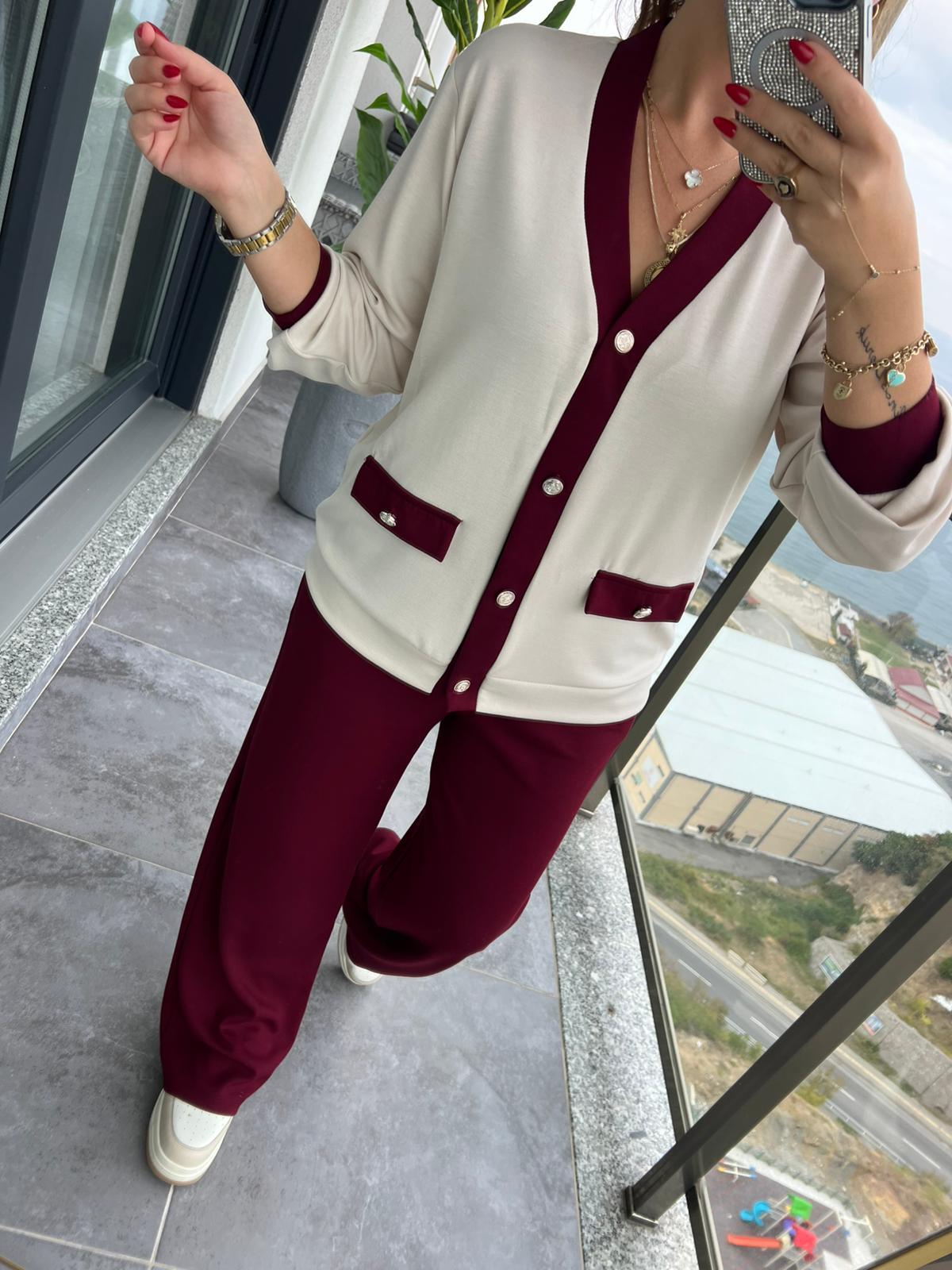 2302 Gold Düğmeli Hırka Takım BORDO