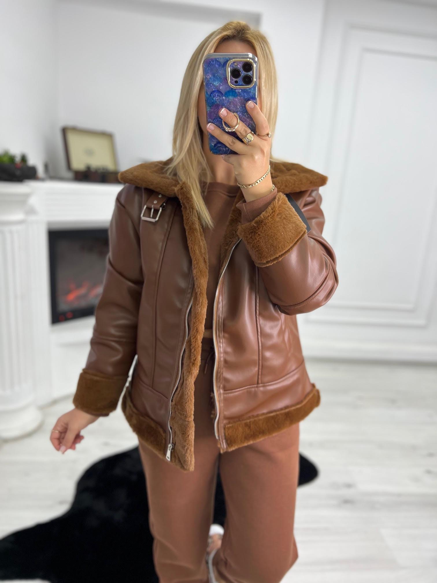 2303 Peluş Lamineli Ara Boy Ceket TABA