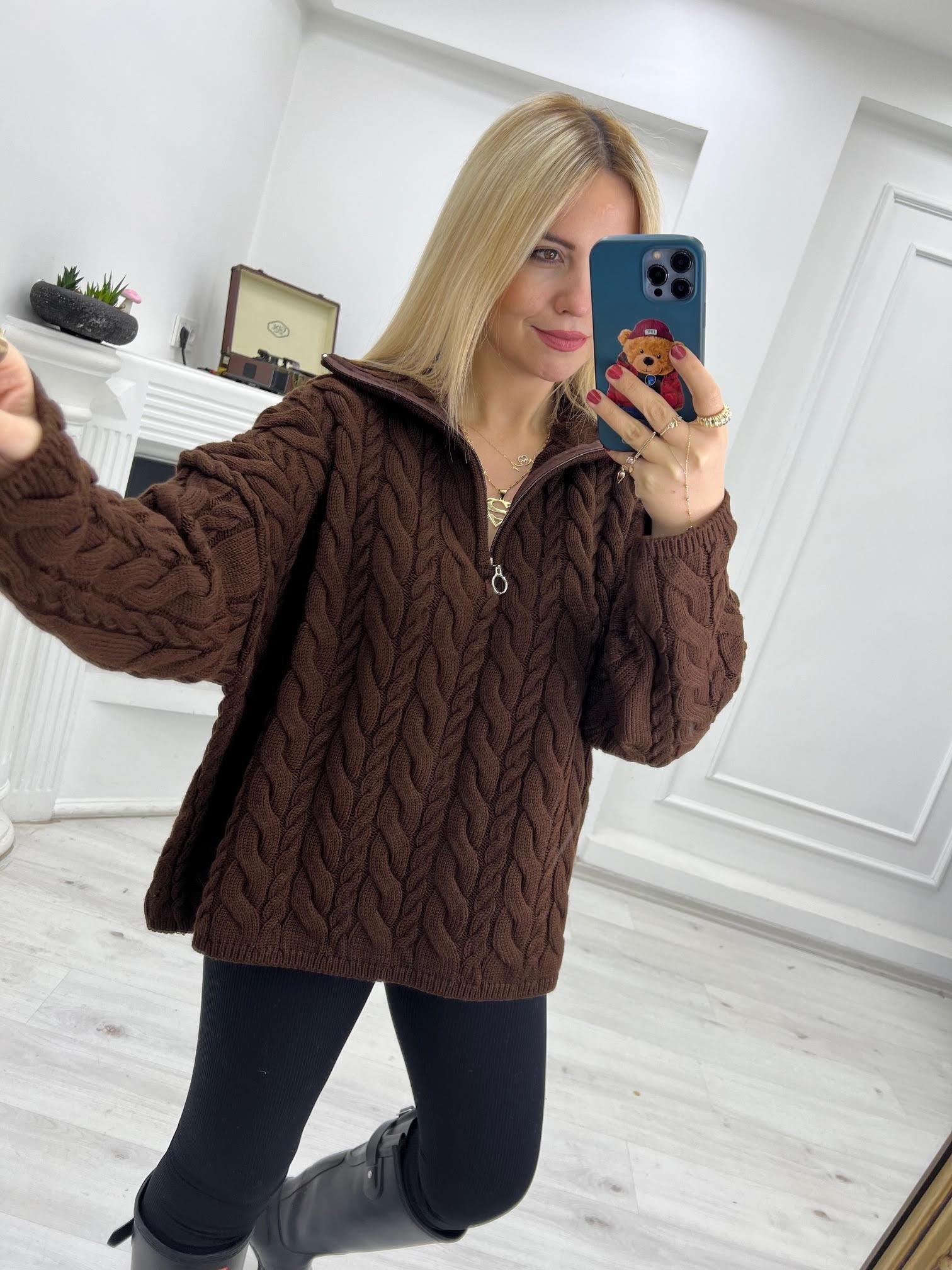 231078 Saç Örgülü Fermuarlı Kazak ACI KAHVE