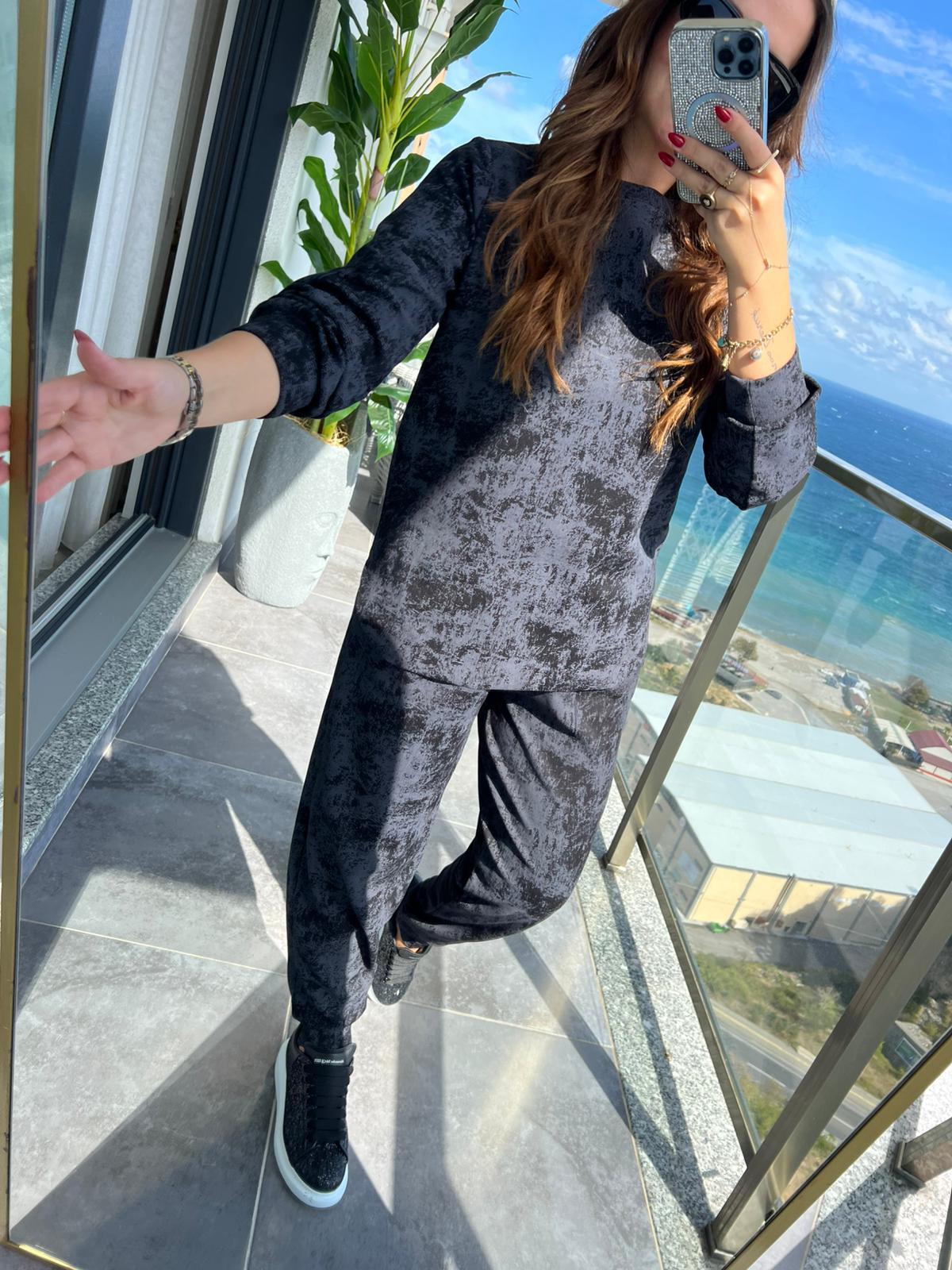 2316 Batik Desen Şalvar Takım SİYAH