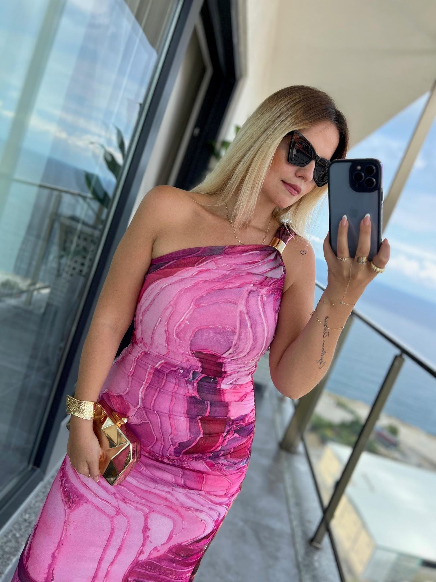 231613 Tek Kollu Desenli Elbise PEMBE