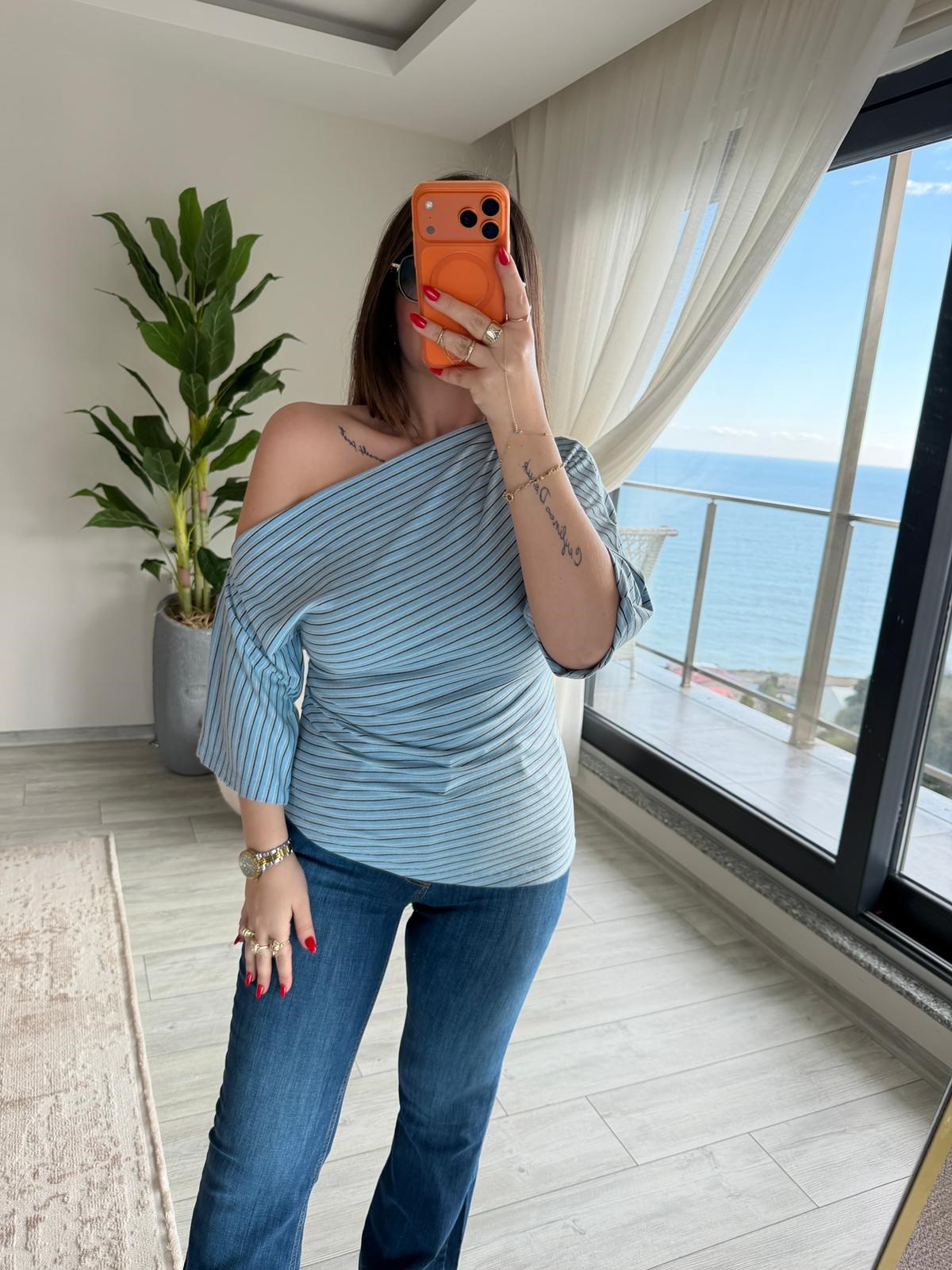 2318 Kayık Yaka Asimetrik Top MAVİ