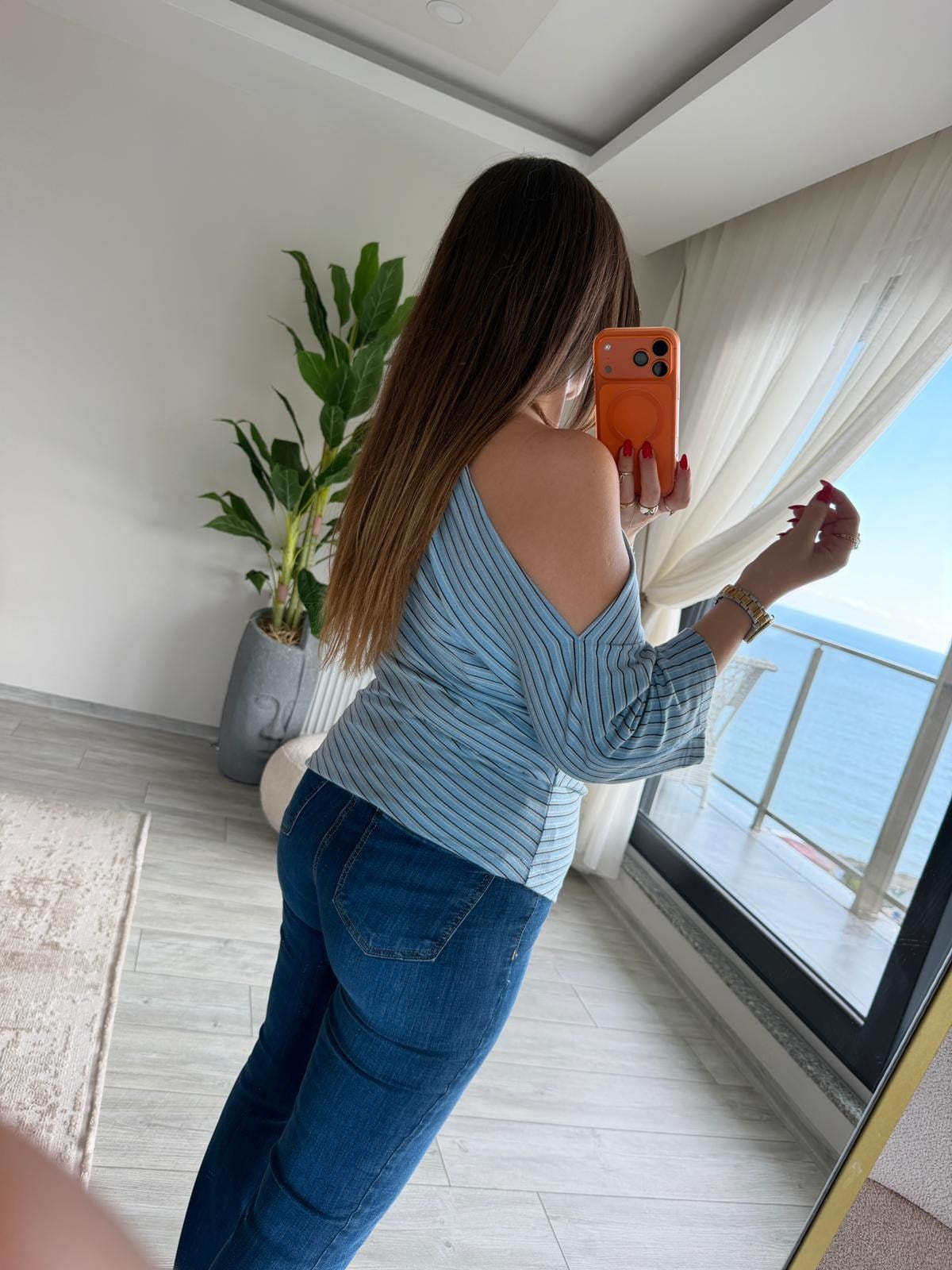 2318 Kayık Yaka Asimetrik Top MAVİ