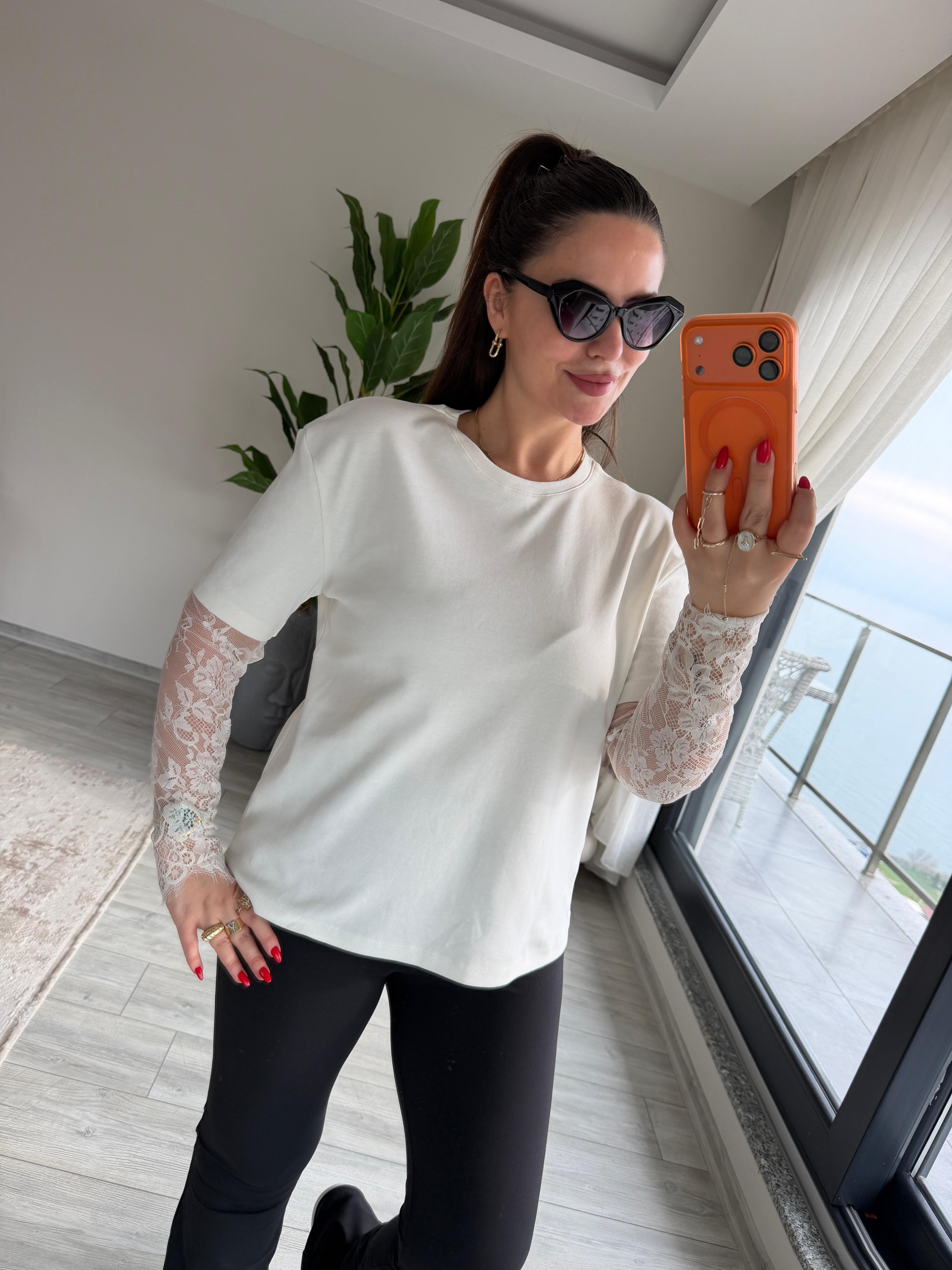 2320 Kolları Dantelli Tshirt EKRU