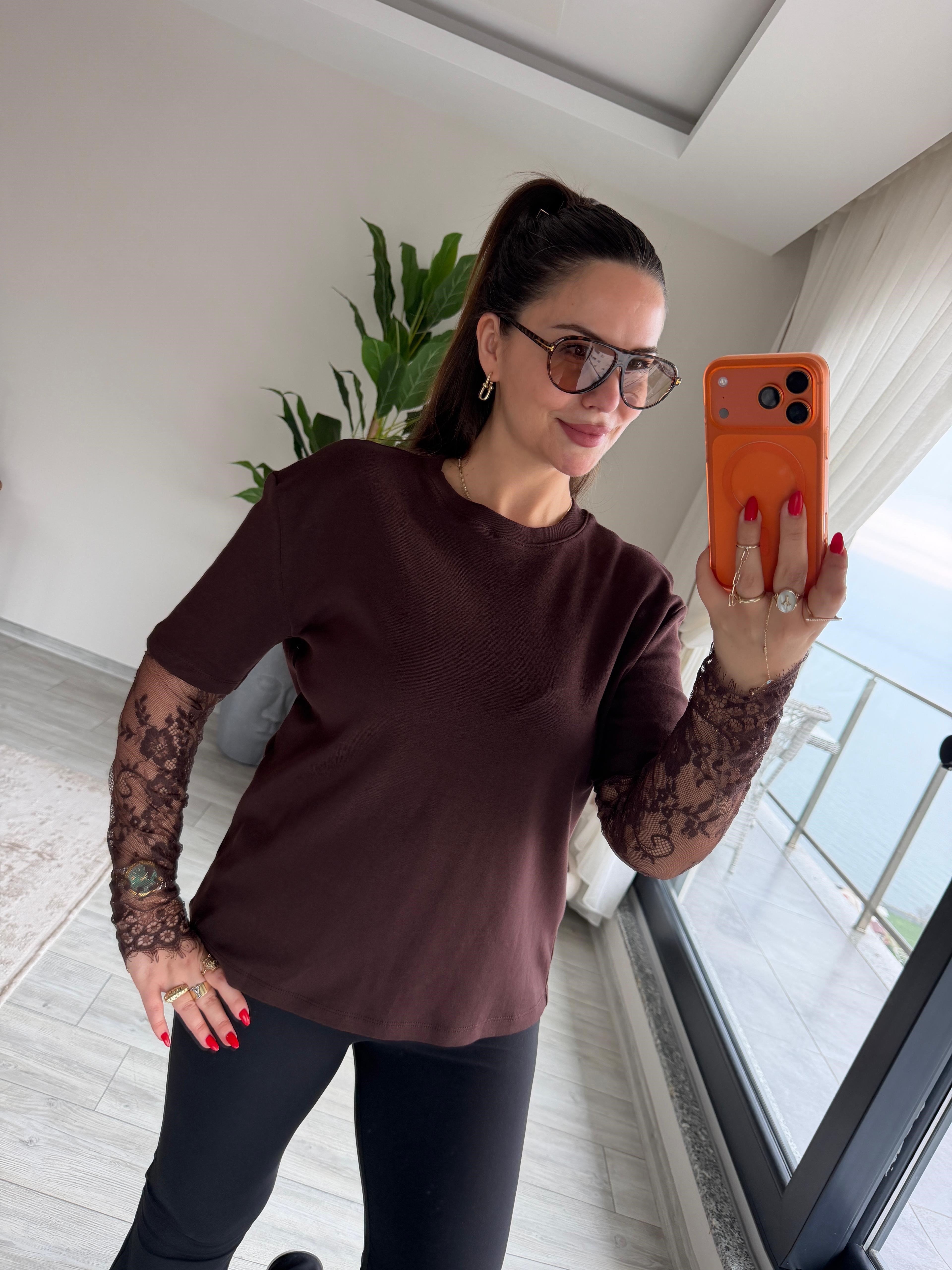 2320 Kolları Dantelli Tshirt KAHVE