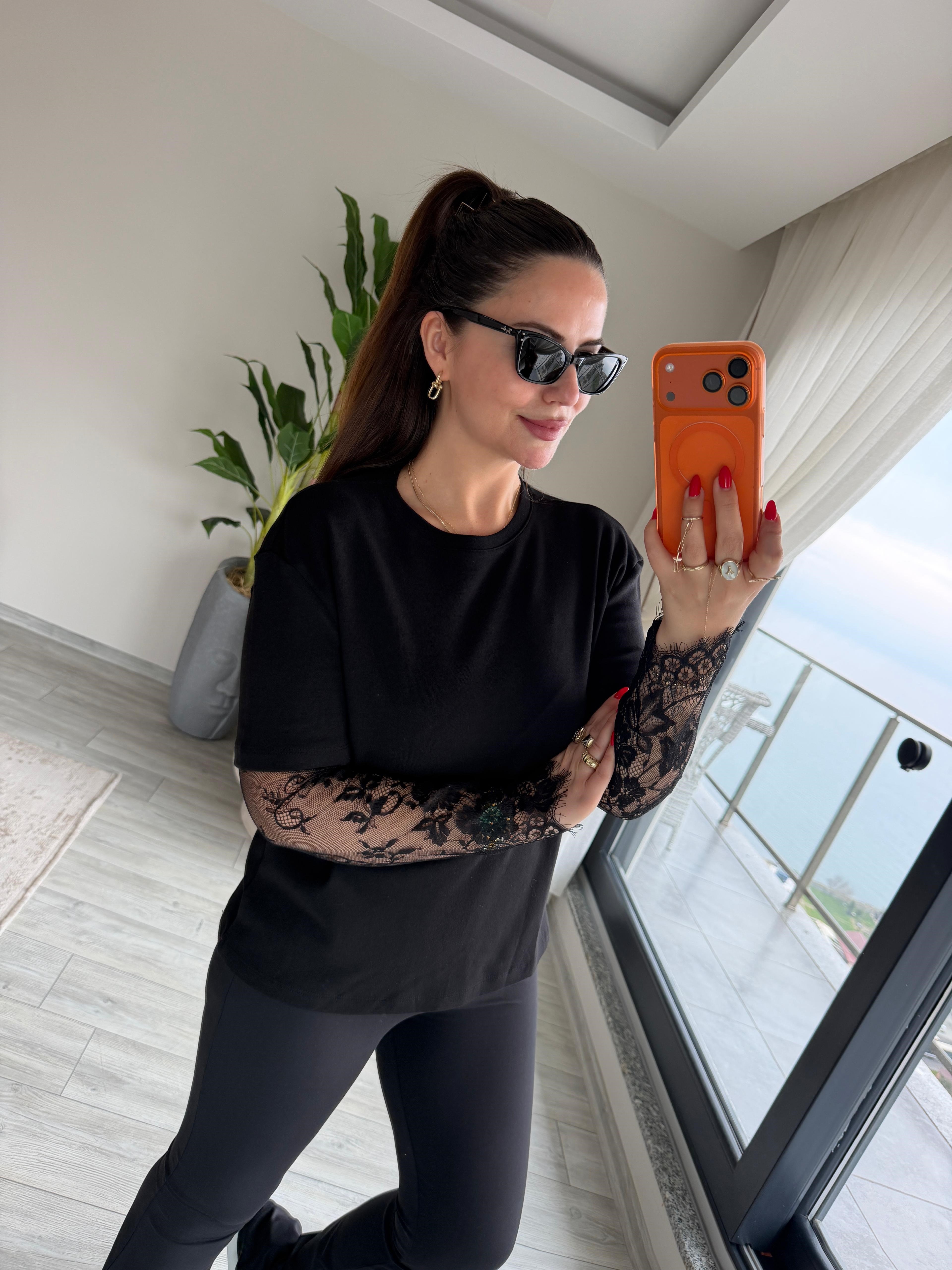 2320 Kolları Dantelli Tshirt KAHVE