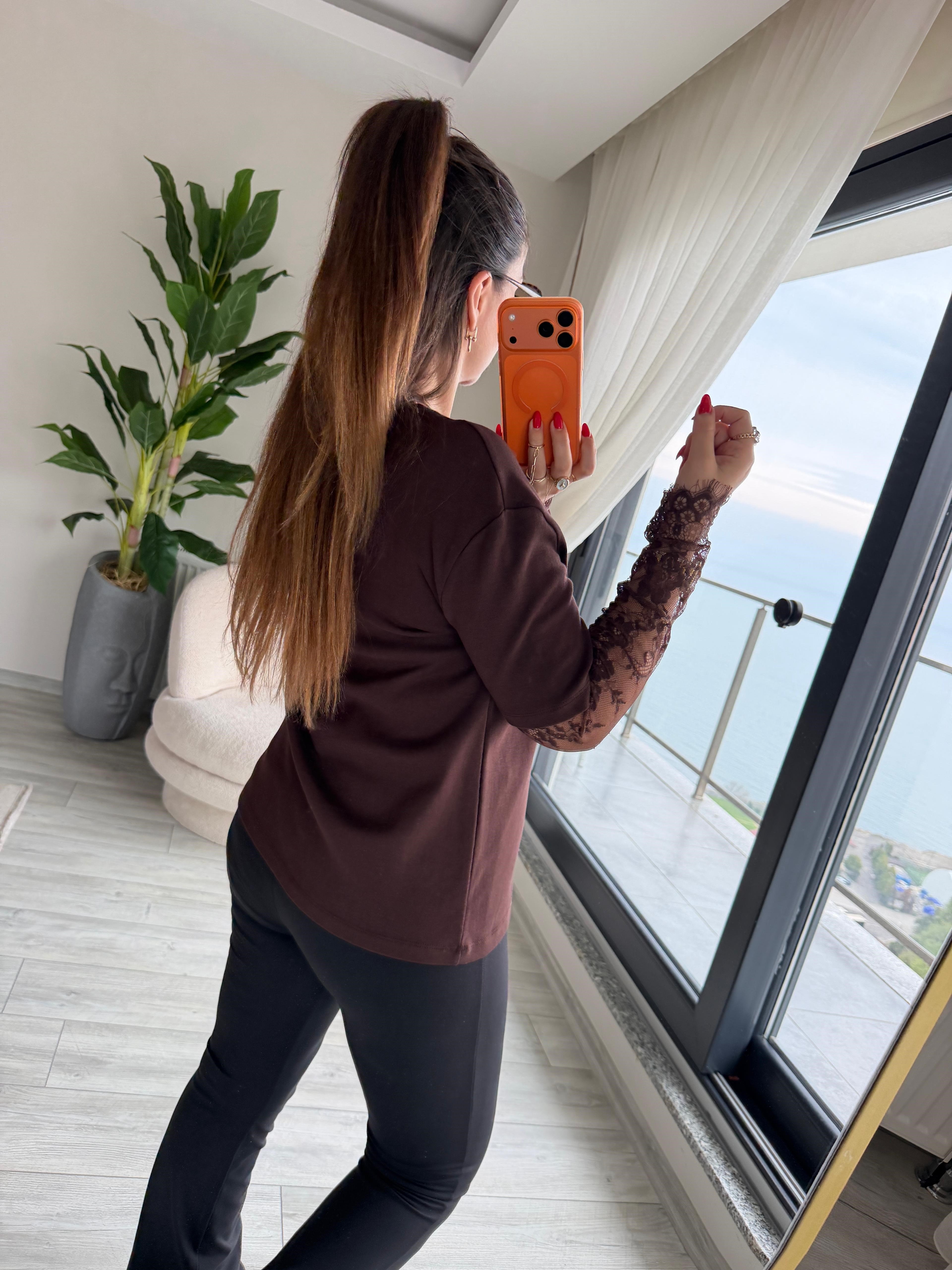 2320 Kolları Dantelli Tshirt KAHVE