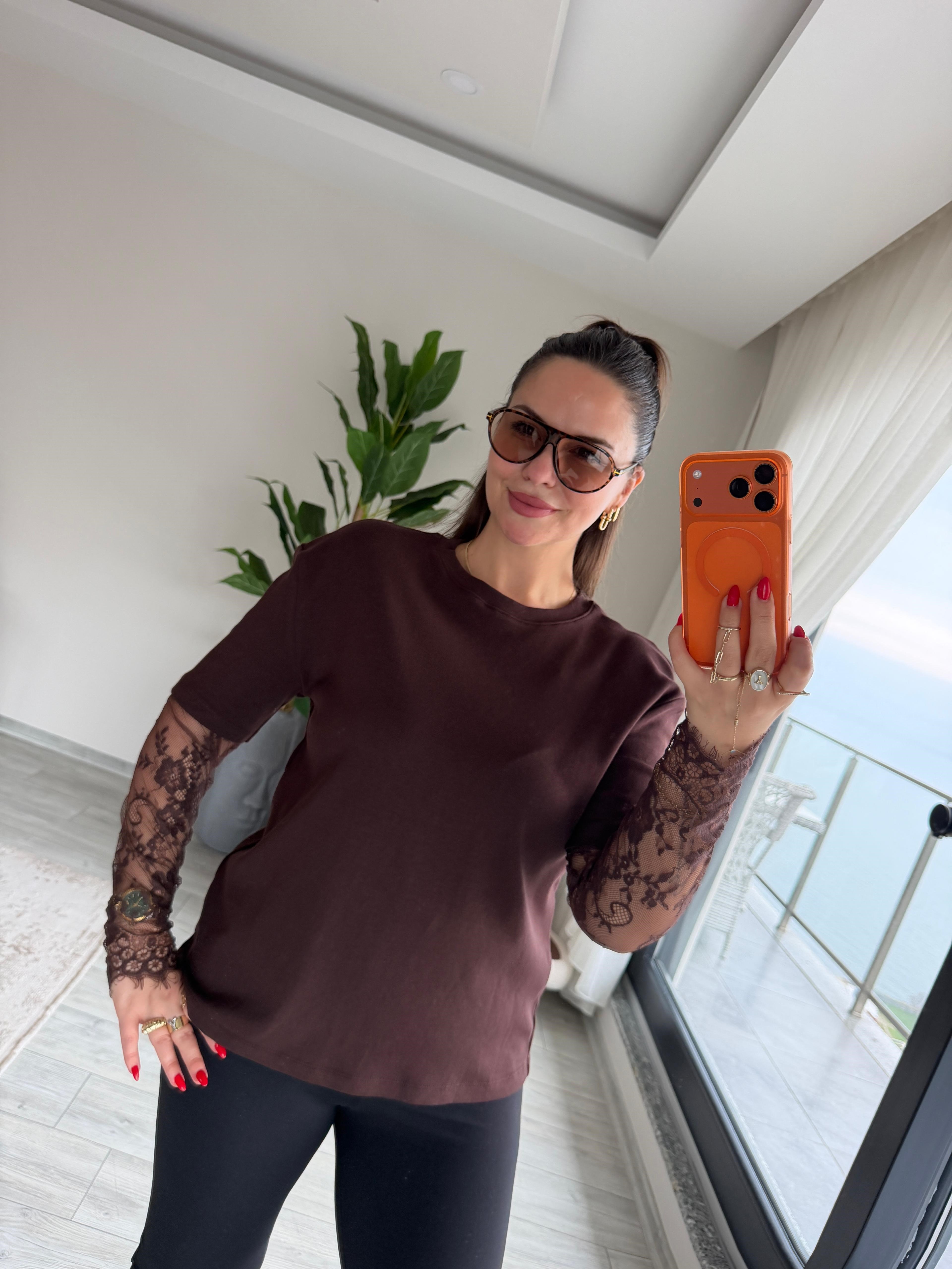 2320 Kolları Dantelli Tshirt KAHVE