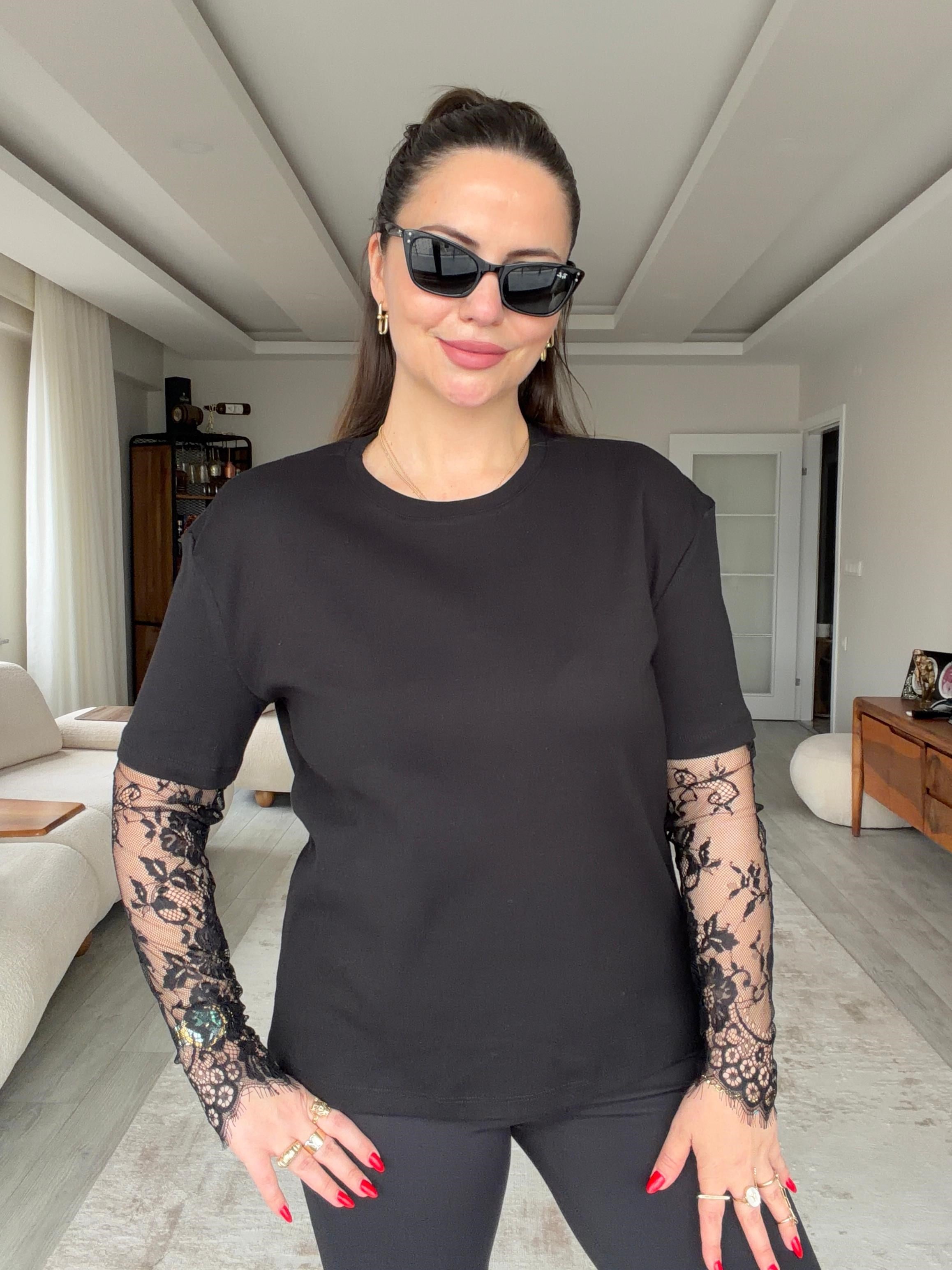 2320 Kolları Dantelli Tshirt SİYAH