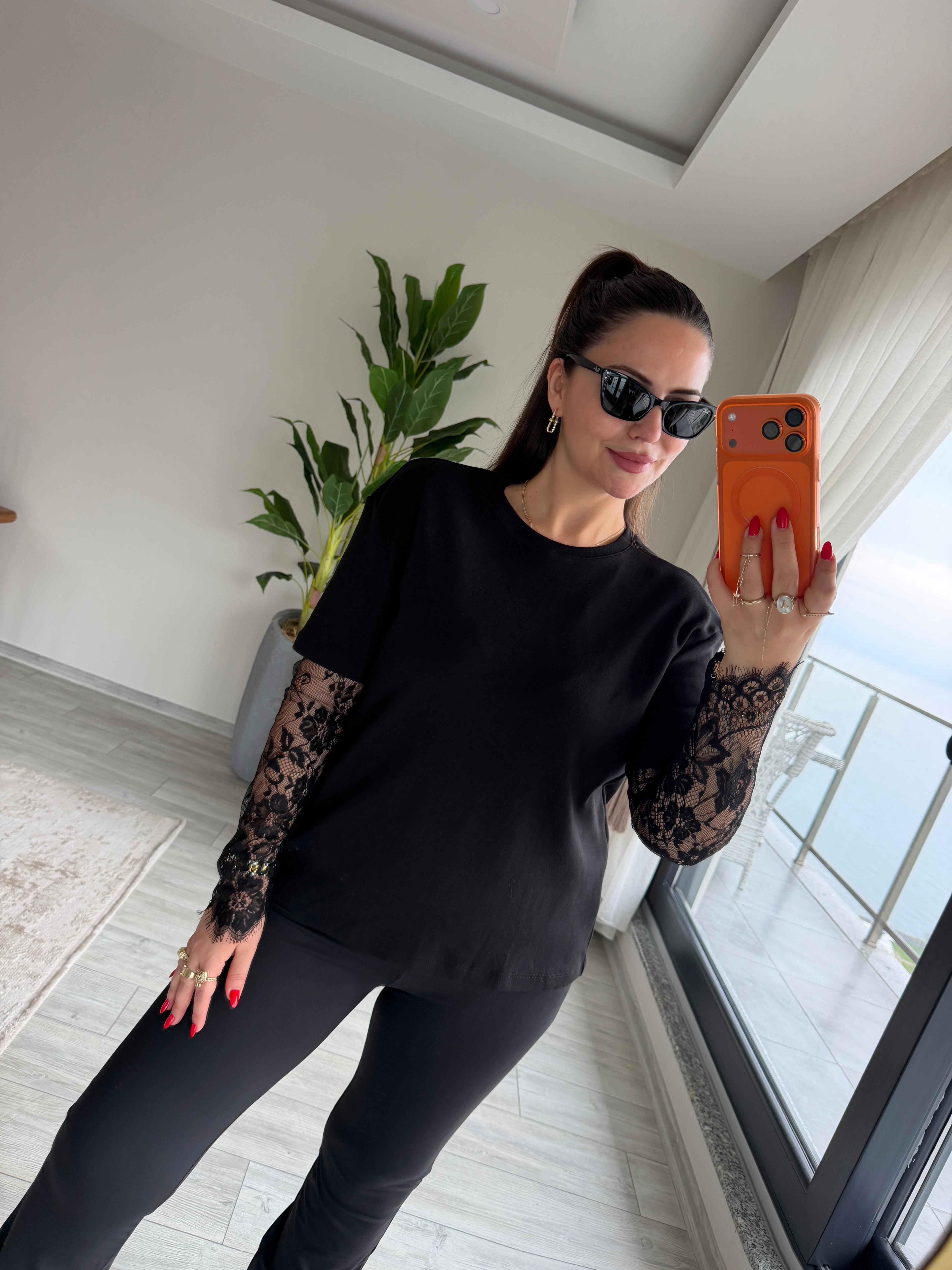2320 Kolları Dantelli Tshirt SİYAH