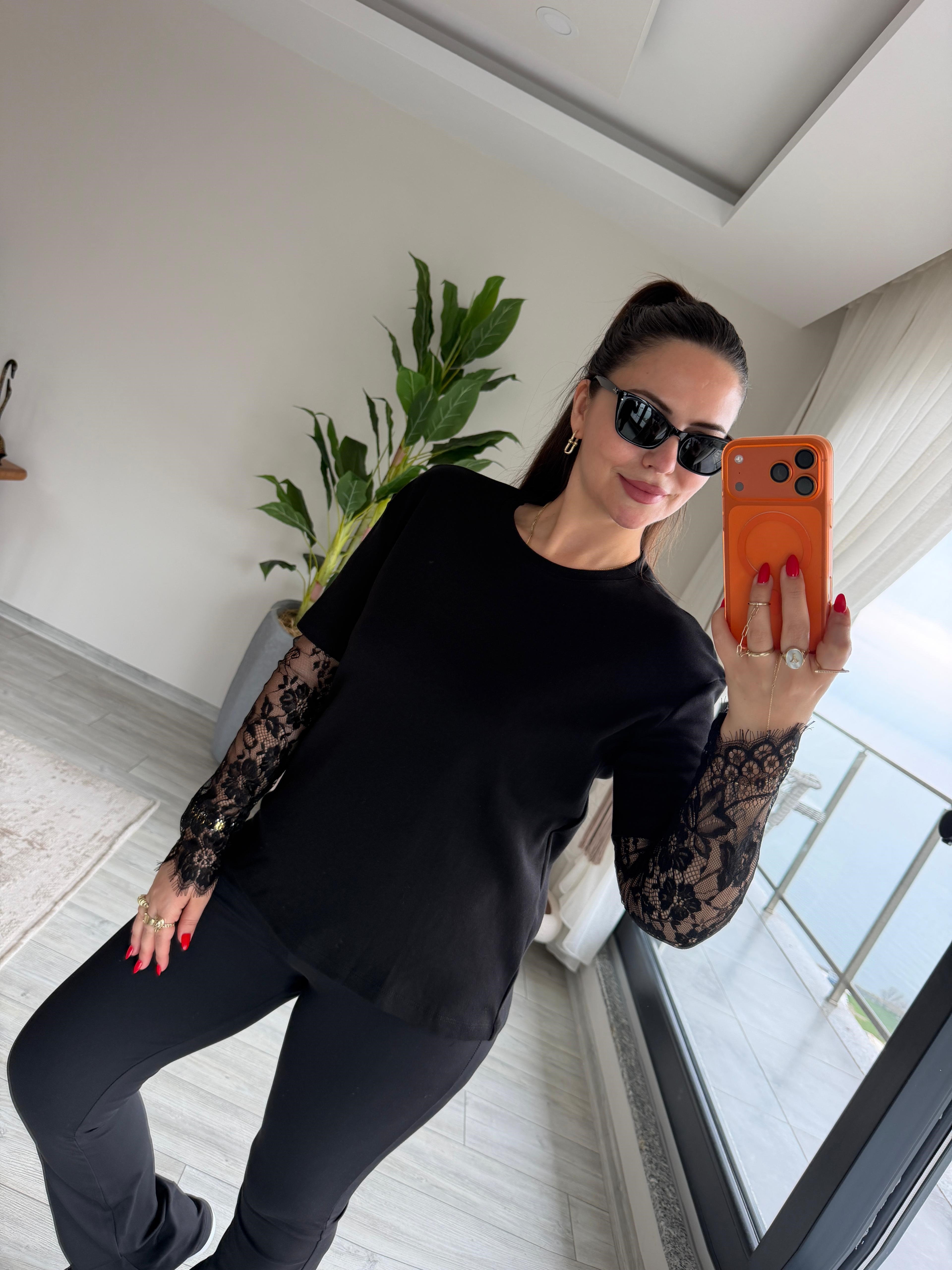 2320 Kolları Dantelli Tshirt SİYAH