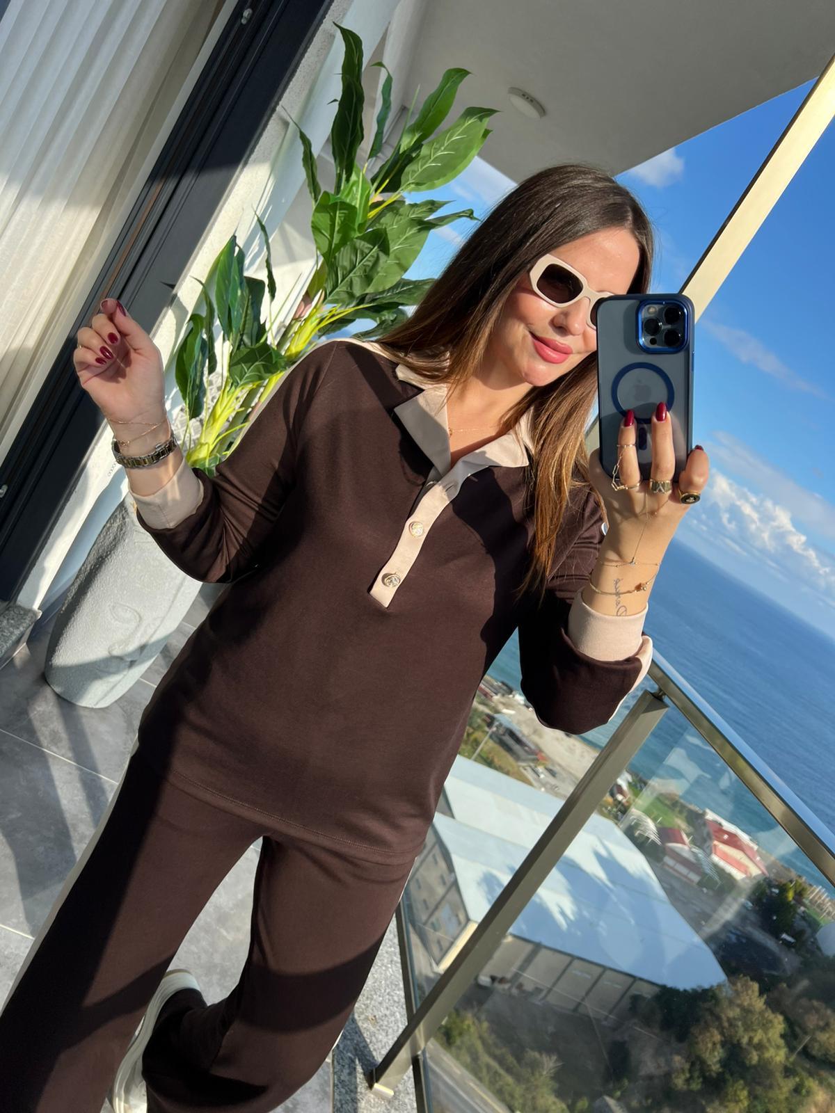 2338 Ceket Yaka Garnili Takım KAHVE